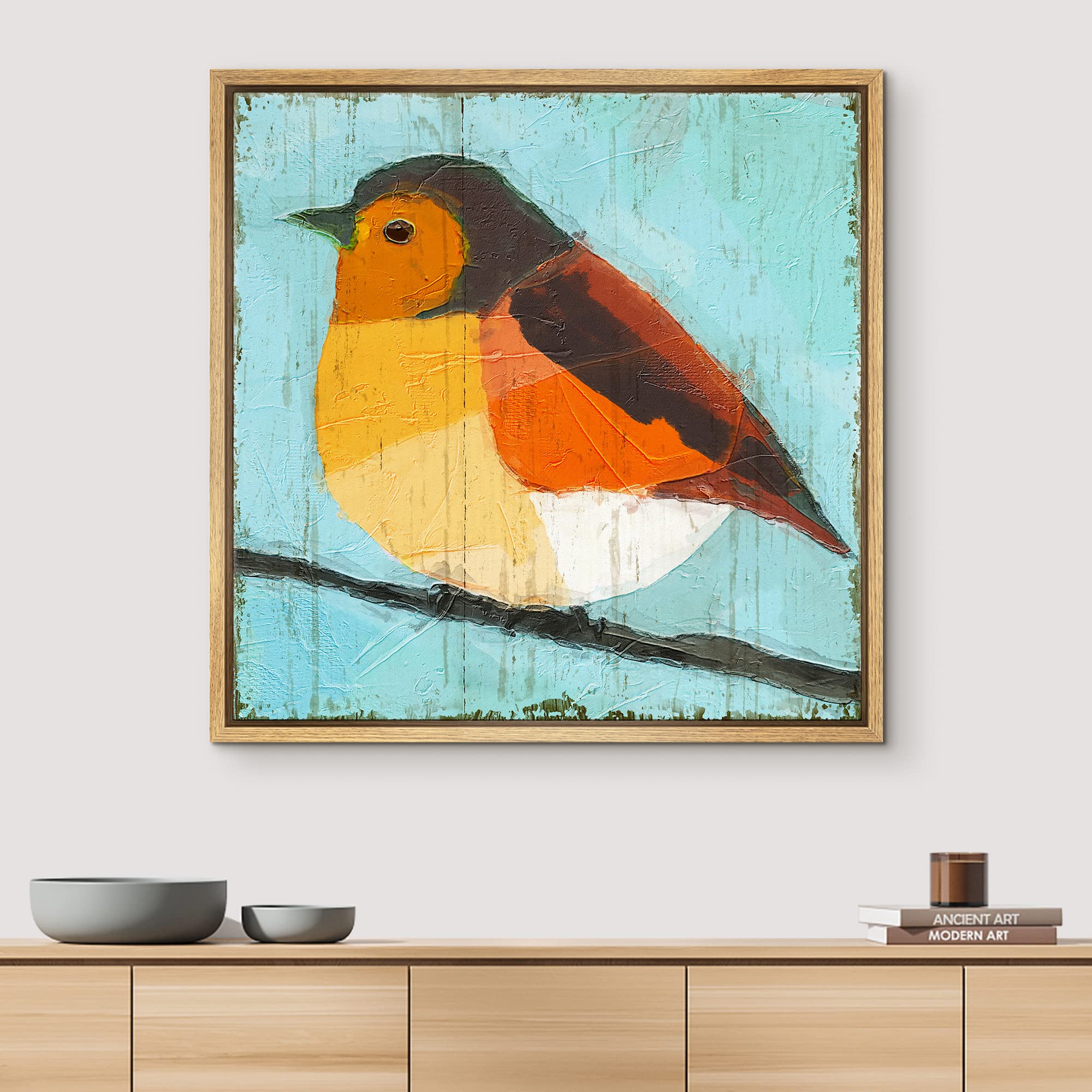 Wall26 Framed Canvas Print Wall Art Textured Geometric Orange & Yellow Robin Animals Birds Illustrations Modern Art Colorful Far