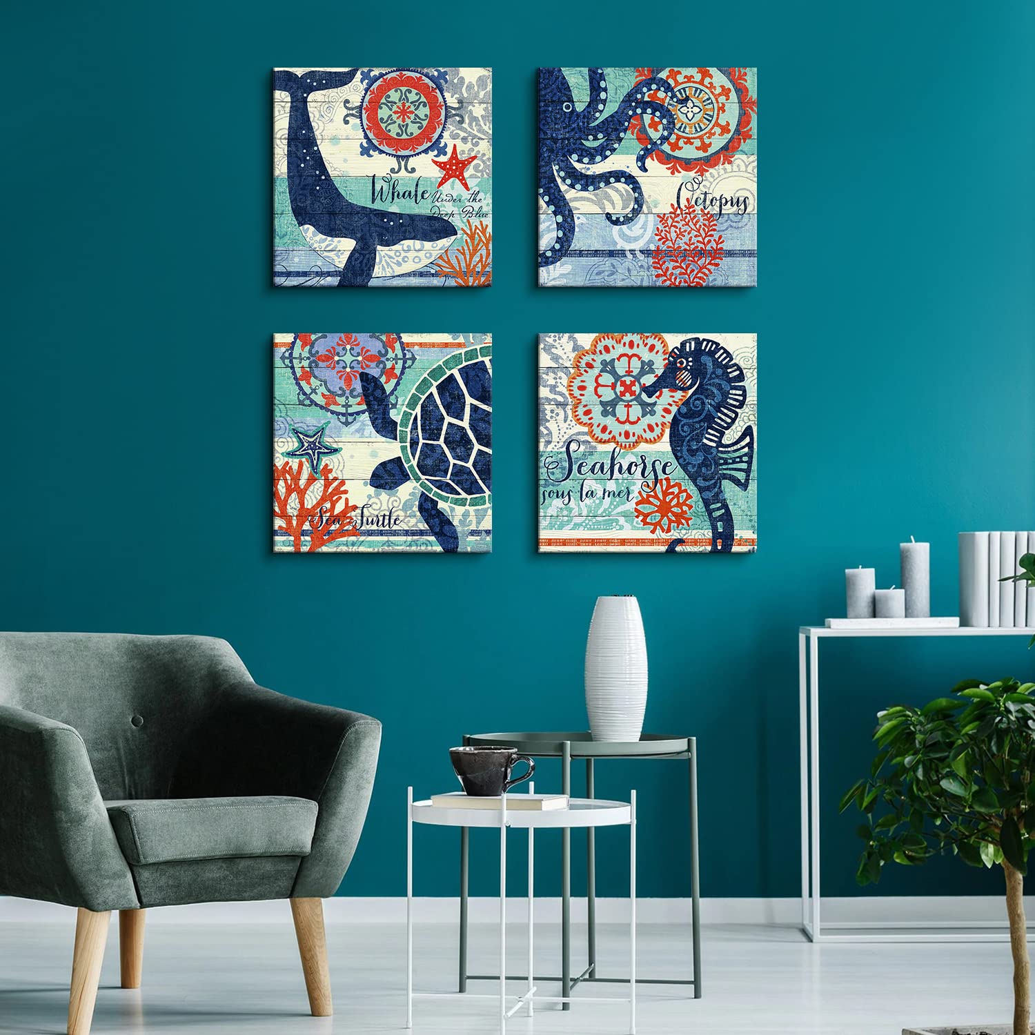 4 Panel Teal Blue Home Wall Art Decor Framed Artwork For Bathroom Living Room Canvas Print Beach Coastal Sea Turtle Octopus Seah