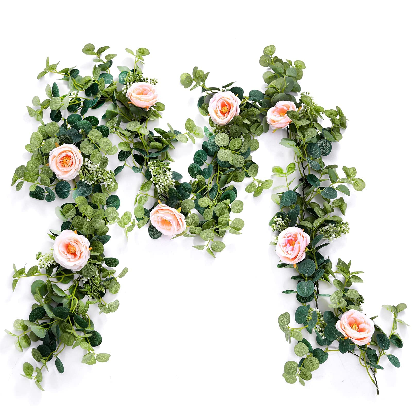Party Joy 6.56Ft Eucalyptus Garland With Flowers-8 Pink Roses-Lush,Natural Looking, Floral Garland Greenery Garland For Party We