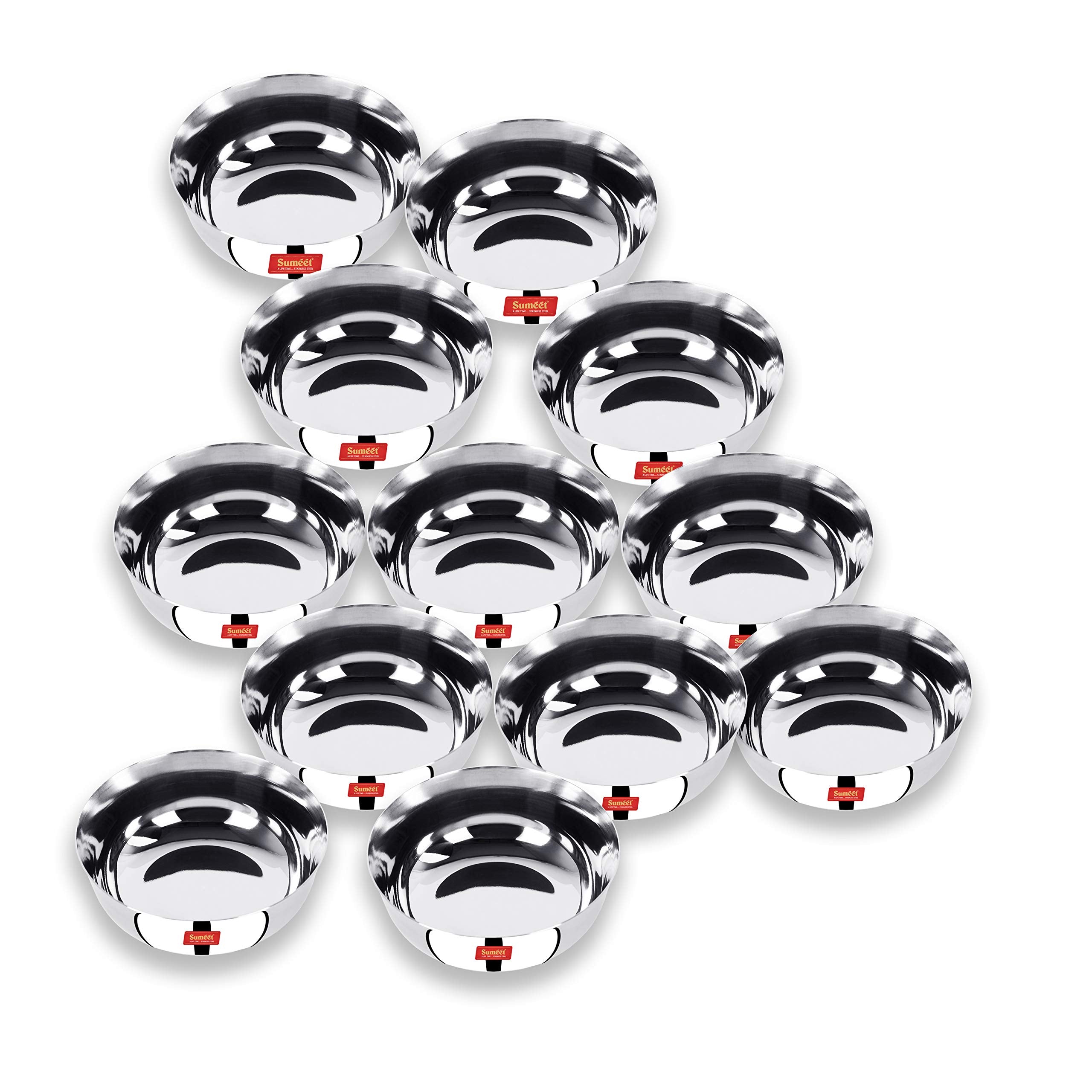 Sumeet Stainless Steel Heavy Gauge Solid Bowl Wati Set with Mirror Finish  10.3 cm; 300ml  Set of 12 Piece  Silver