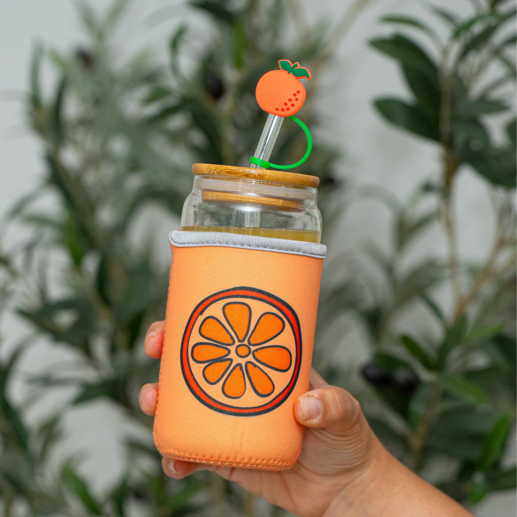 The Love Crate Co. Orange Gifts for Women - Glass Tumbler with Lid and Straw, Customized Straw Stopper and Cup Sleeve. Aesthetic