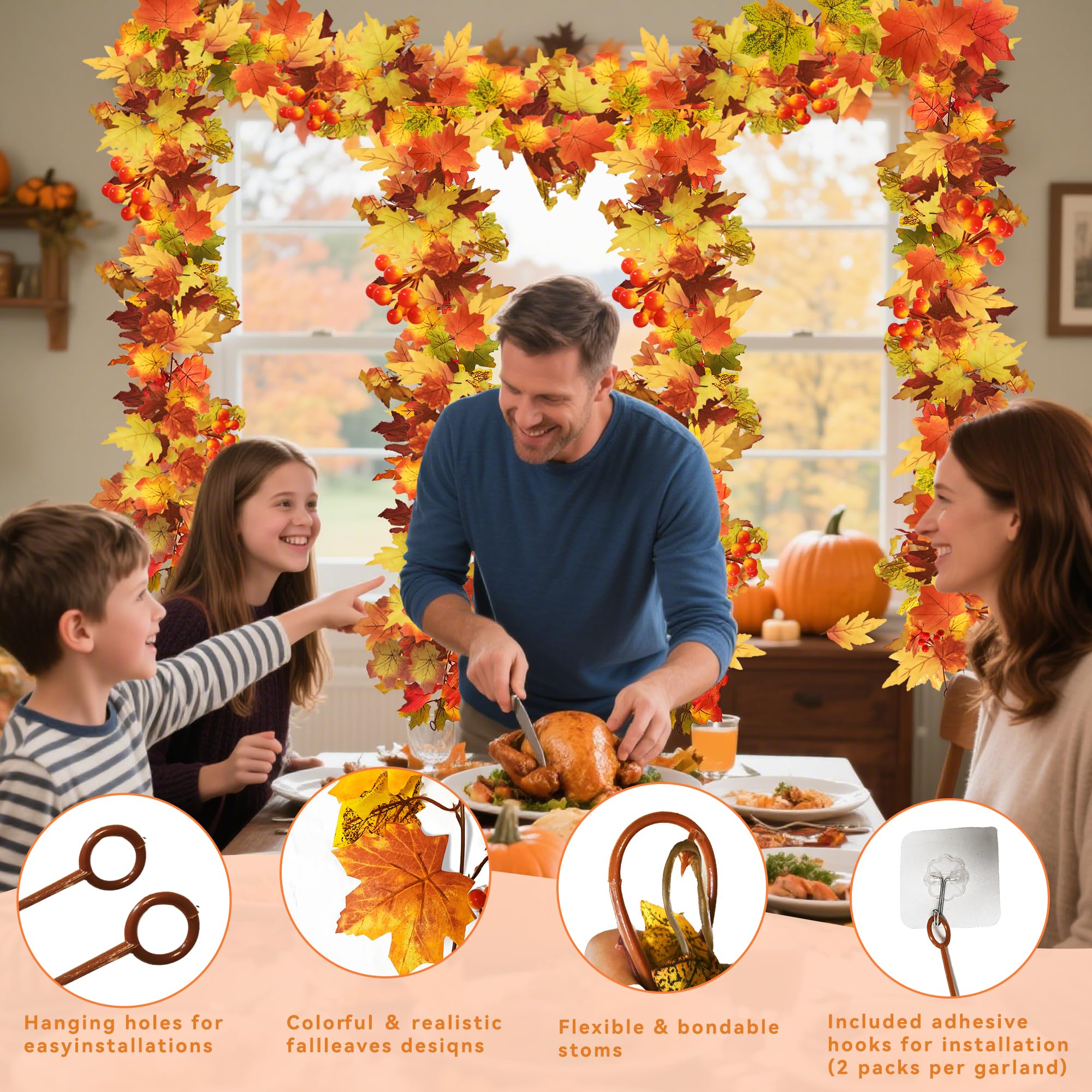 JANEF 2 Pcs Fall Maple Leaf Garland, Autumn Hanging Thanksgiving Decor Artificial Garland for Wedding Home Fireplace Party Autum