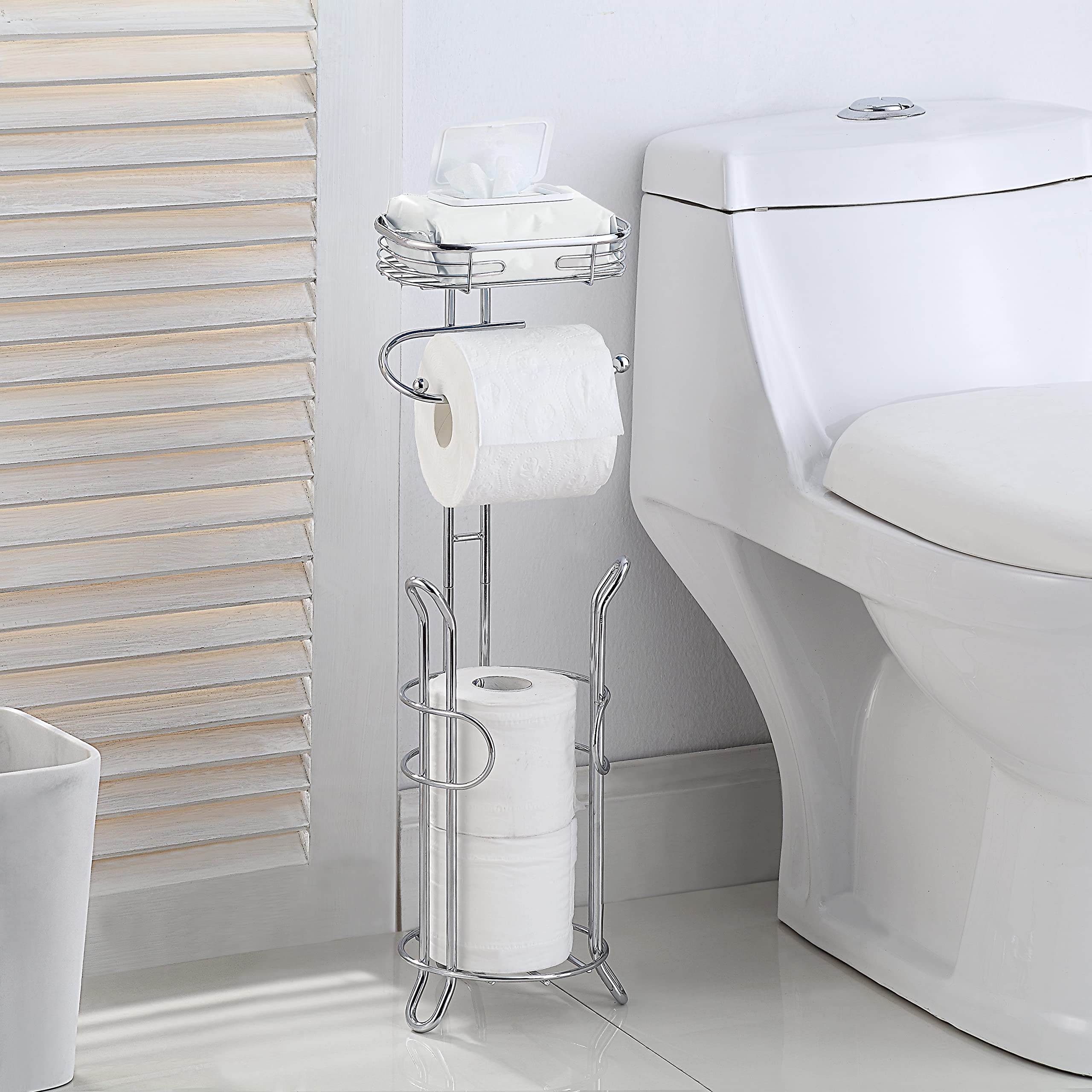 SunnyPoint Bathroom Heavyweight Toilet Tissue Paper Roll Storage Holder Stand with Reserve and Shelve  The Reserve Area Has Enough Space to Store Mega Rolls. (Chrome)