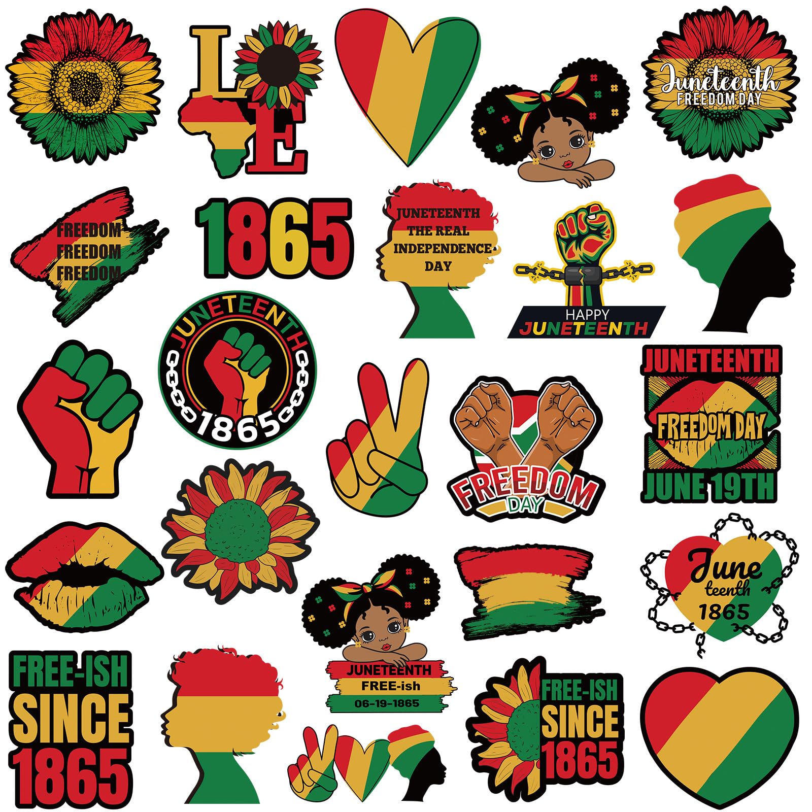 Fabbay 25 Pcs Juneteenth Decoration Magnetic Stickers Yellow Green Red Refrigerator Magnets Decorative Freedom Day Fridge Garage