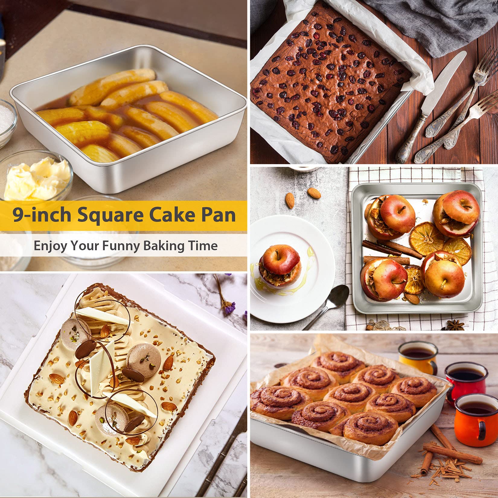 P&P Chef Square Cake Baking Pan (9 Inch), Stainless Steel Square Lasagna Brownie Bakeware Birthday Cake Pan, Leakproof & Heavy D
