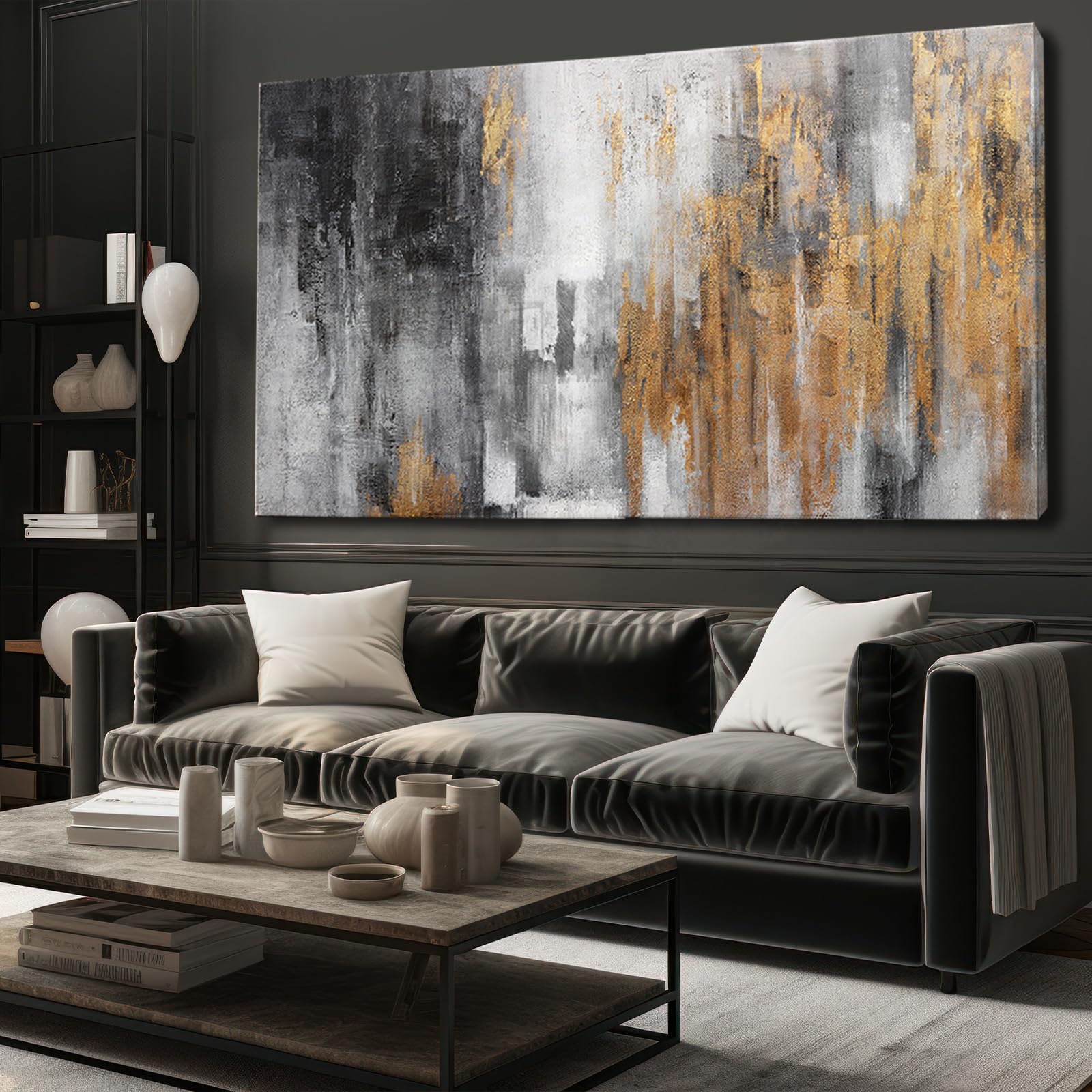 Yjyart Abstract Canvas Wall Art With Gold Foil Modern Black Oil Paintings Graffiti Wall Art For Living Room Bedroom Kitchen Offi