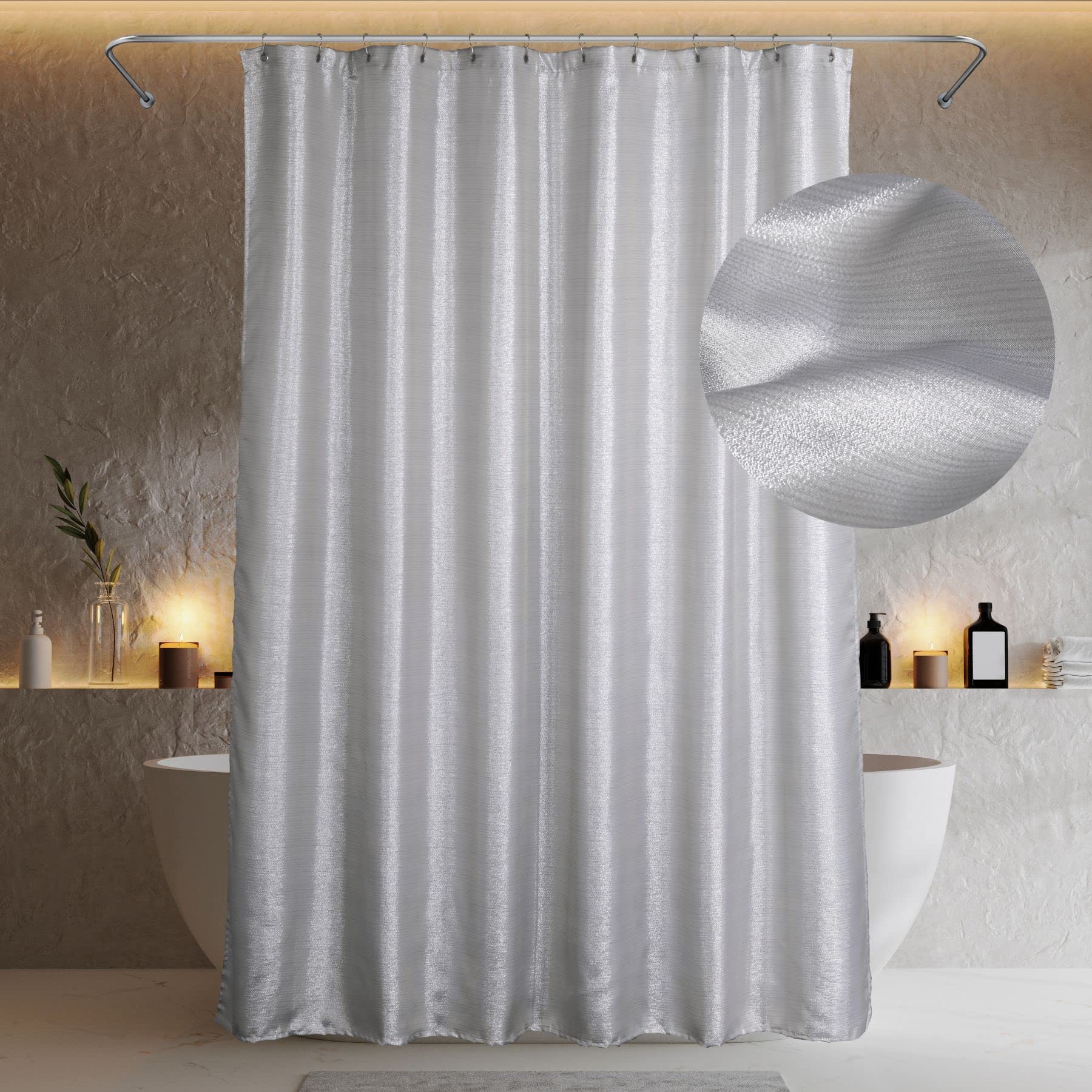 Silver Grey Sparkle Shower Curtain: Modern Luxury Elegant Light Gray Metallic Fabric Curtain Set For Bling Glamour Festive Bathr