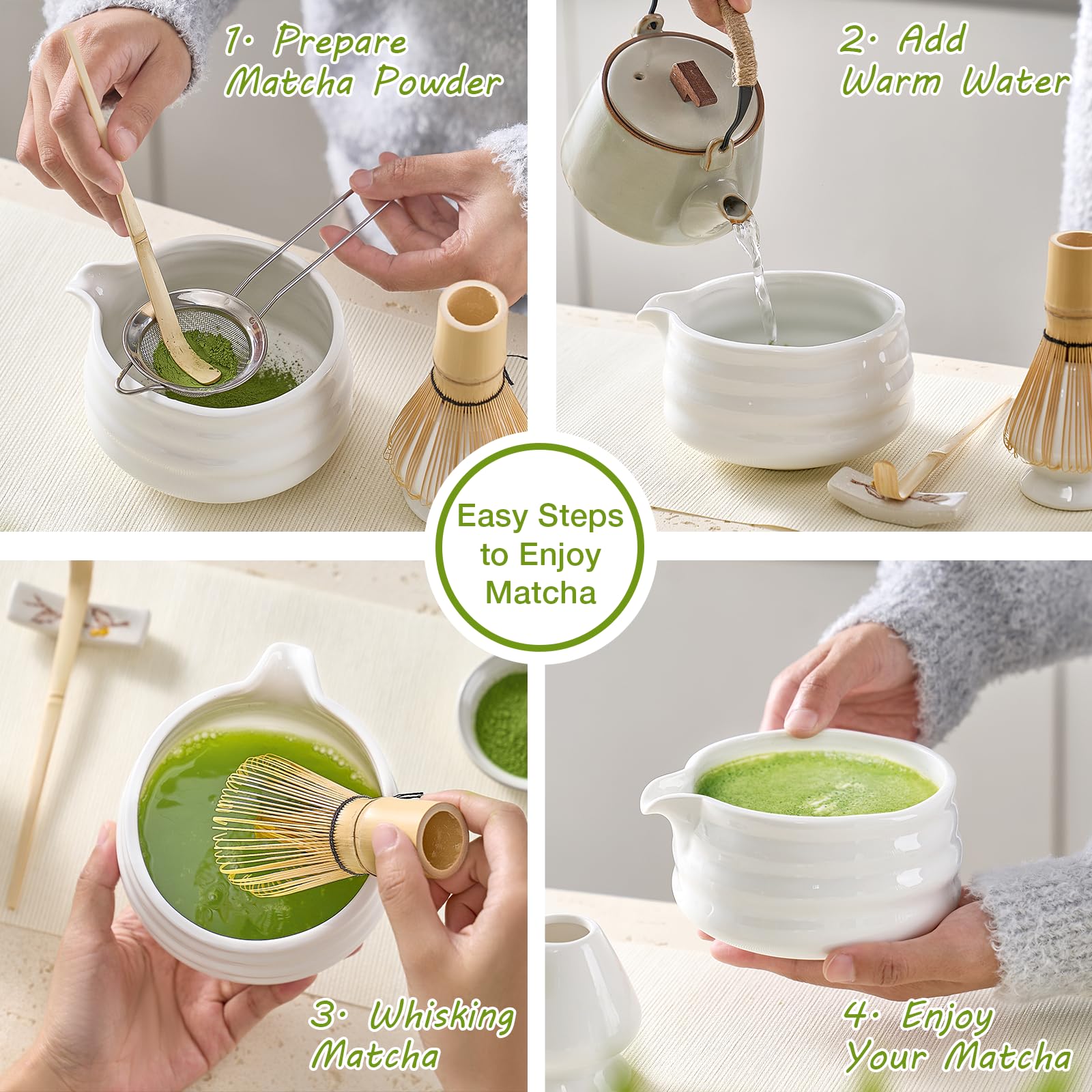 Matcha Whisk Set, Japanese Tea Set (5Pcs) Includes Matcha Bowl With Spout (19 Oz), Bamboo Matcha Whisk And Matcha Scoop, Matcha