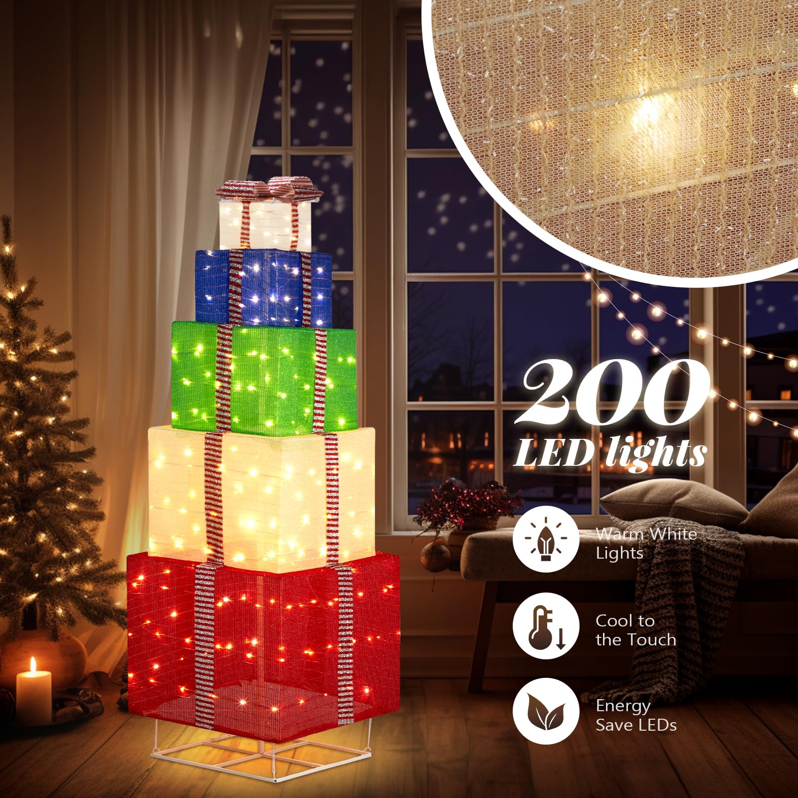 6FT Lighted Gift Boxes Tower, Outdoor Christmas Decorations with 200 White LED Lights, Pre-lit Stacked Light Up Present Boxes Or