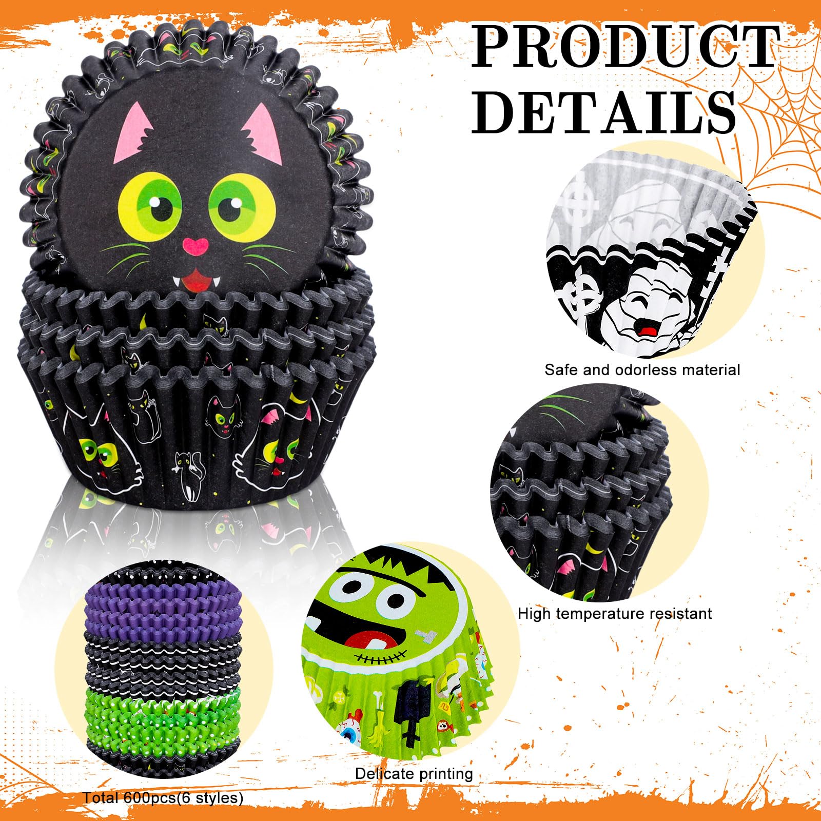 Anydesign 600Pcs Halloween Cupcake Liners Baking Cups Pumpkin Ghost Mummy Frankenstein Vampire Black Cat Pattern Cupcake Wrapper