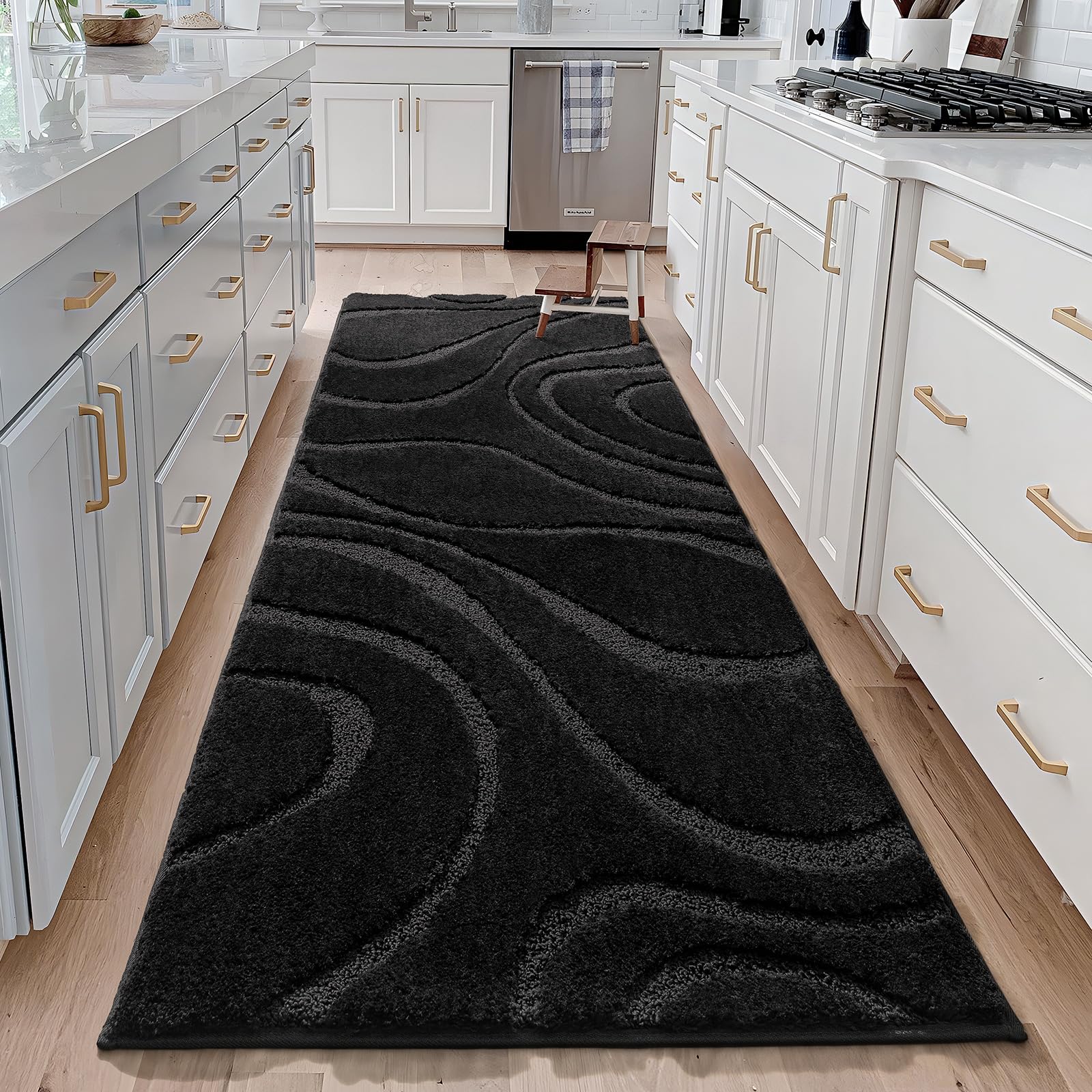 Dexde Bathroom Rugs Runner 24 X 60 Inch, Extra Long Bathroom Rug Non-Slip, Machine Washable Bath Mats Rug, Black Soft Carpets Fo