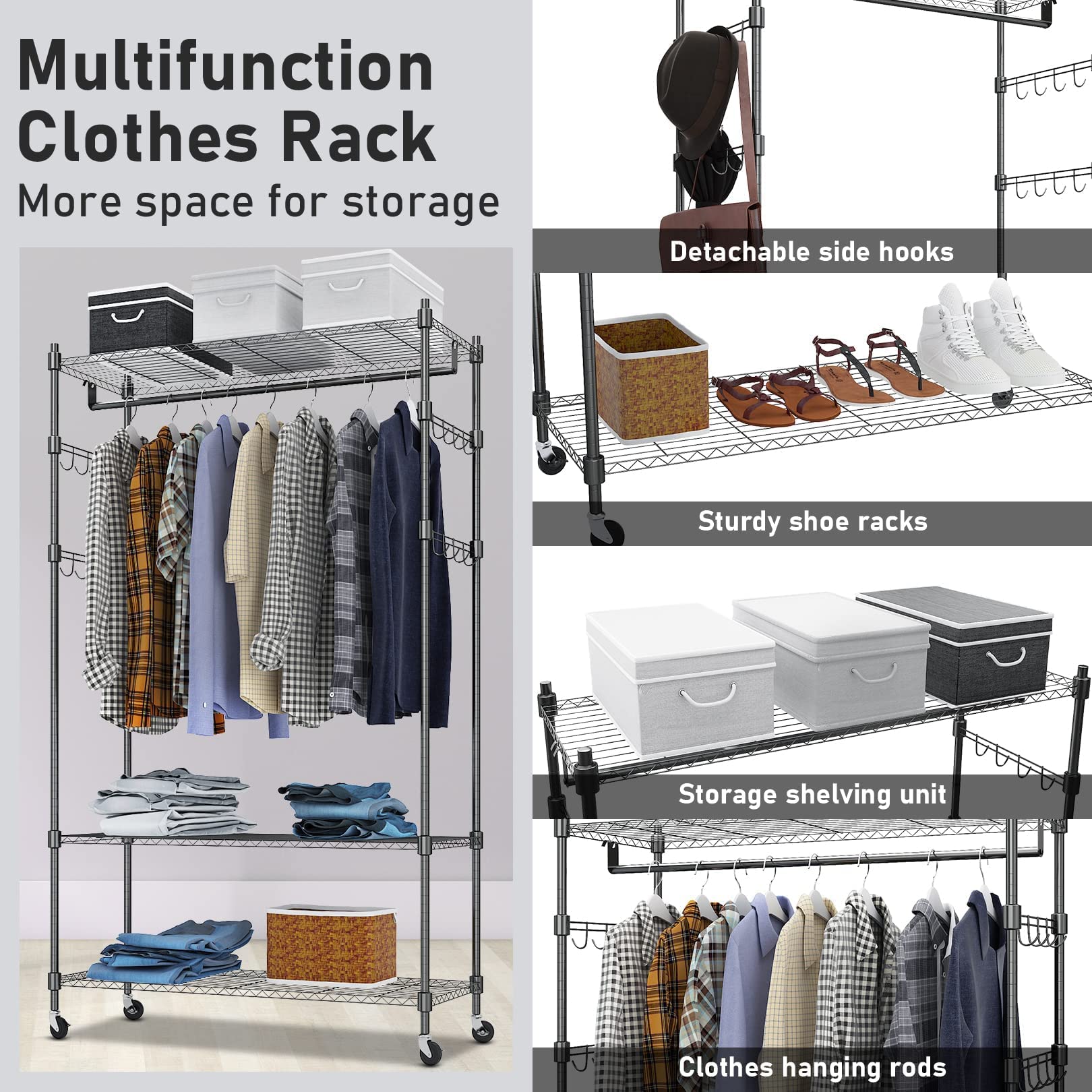 Heavy Duty Clothes Rack  Adjustable Rolling Garment Rack with Shelves  Freestanding Wardrobe Rack 1 Clothes Hanging Bar  3 tired Wire Shelving  4 Hanger Hooks - Hold Up to 400Lbs (Black  1Rod 4Hook)