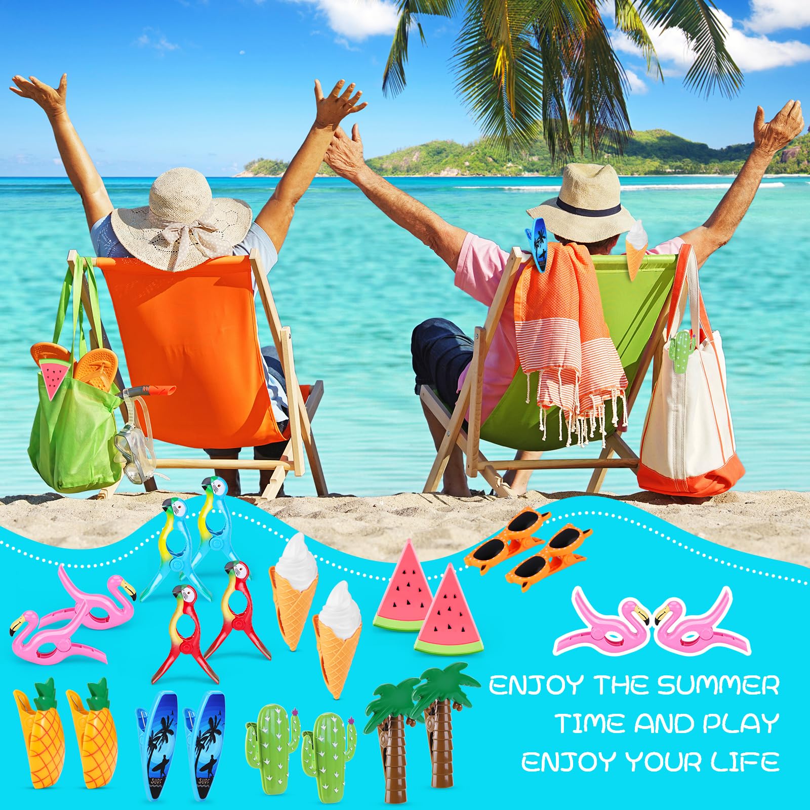 20 Pcs Beach Towel Clips, Beach Chair Clips For Towels Flamingo Parrot Clothes Pins Watermelon Pineapple Ice Cream Beach Towel H