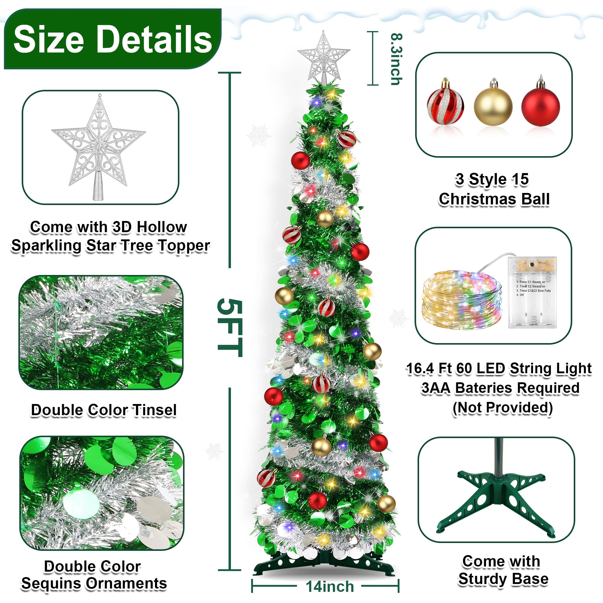 5FT Pop Up Christmas Tree with Timer 60 Warm White & Multi Color Fairy Light 3D Star 15 Ball Ornament, Green Sliver Tinsel Chris