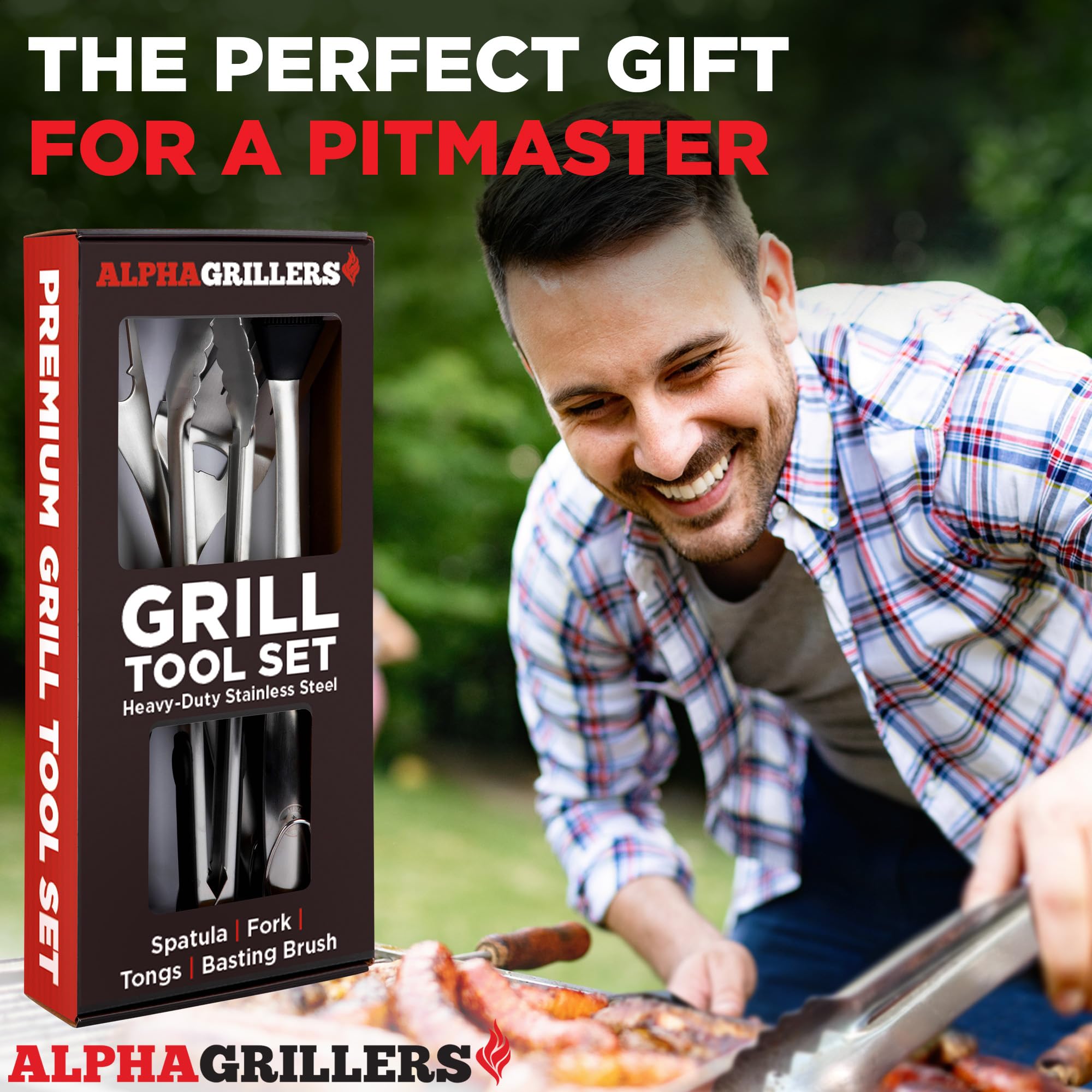Alpha Grillers Grill Set Heavy Duty BBQ Accessories - BBQ Gifts Tool Set 4pc Grill Accessories with Spatula  Fork  Brush & BBQ Tongs - Grilling Cooking Gifts for Men Dad Durable  Stainless Steel