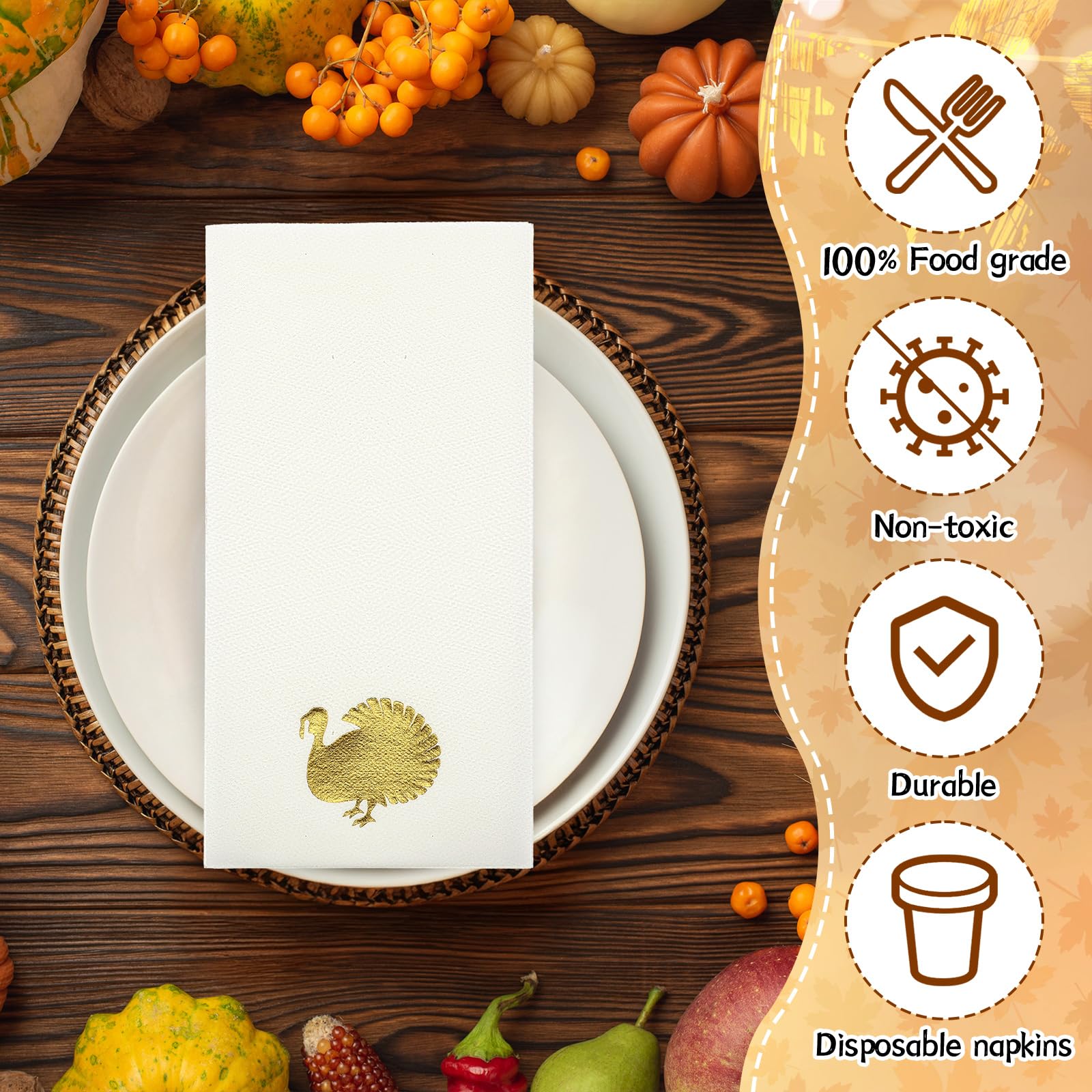 Janlaugh 100 Pcs Thanksgiving Linen Napkins Turkey Pattern Disposable Paper Hand Towels Foil Stamped Golden Napkins for Party Lu