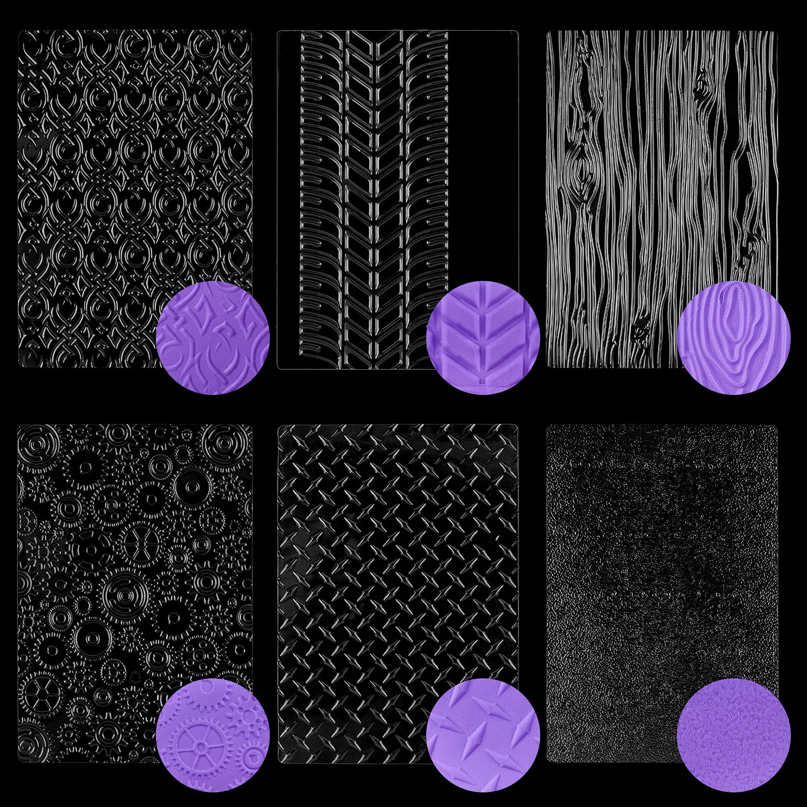 Ocmoiy 6 Pack Fondant Mats Impression Tire Tread/Steel Plate/Steampunk Gears/Wood Grain Texture Mat For Polymer Clay, Chocolate,