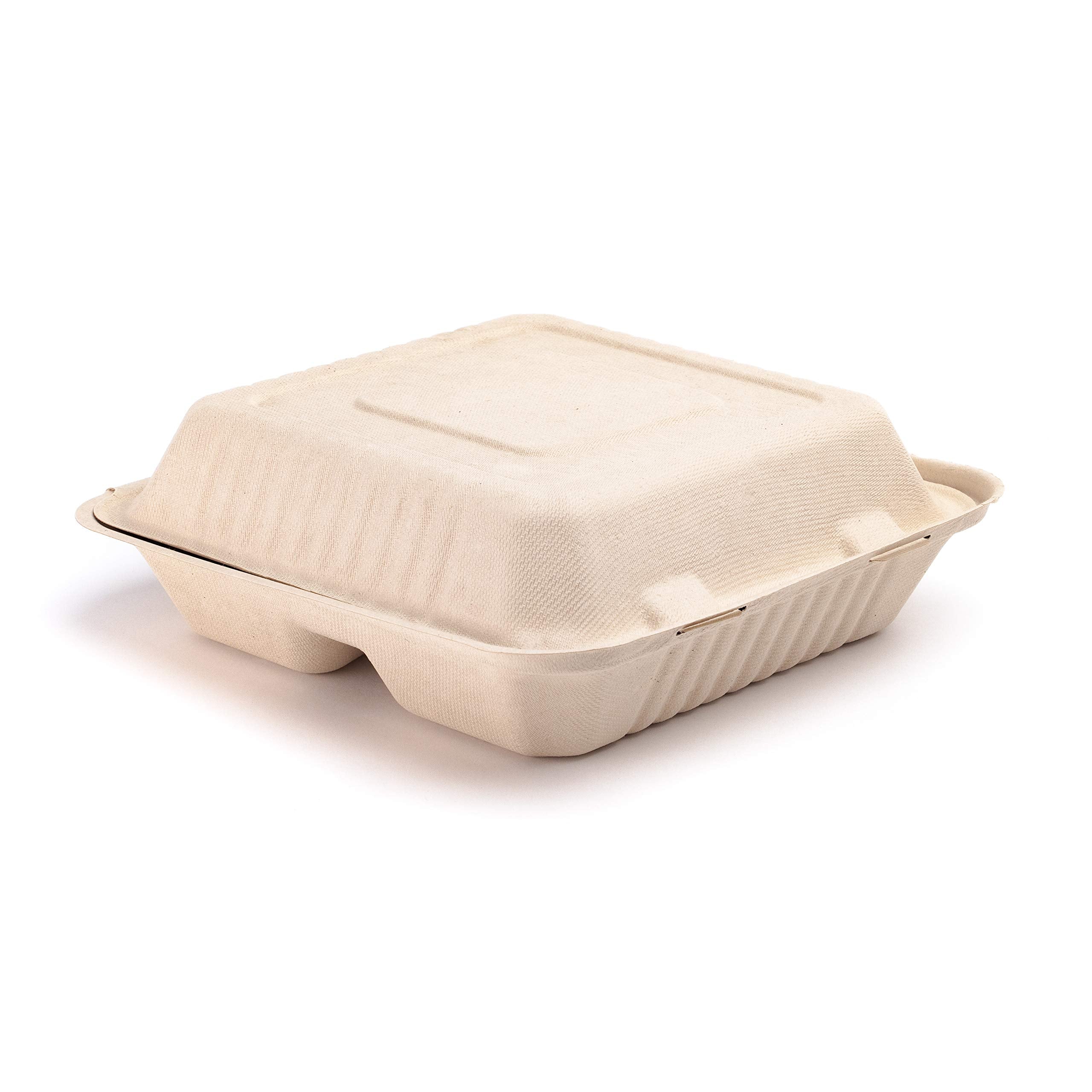 Footprint Eco-Friendly 200 Pack Fiber 9    3-Cavity Take Out Food Containers With Clamshell Hinged Lid (Natural Look) - Biodegra