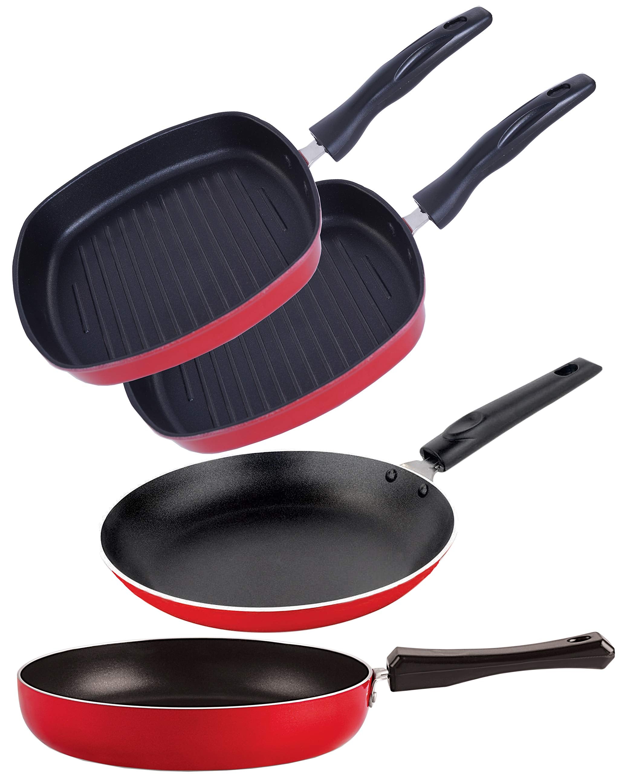 Nirlon NonStick Aluminum Cookware Set, 3Piece, Red And Black (2.6Mm_Fp11_Tp_Gp22.5_Gp24)