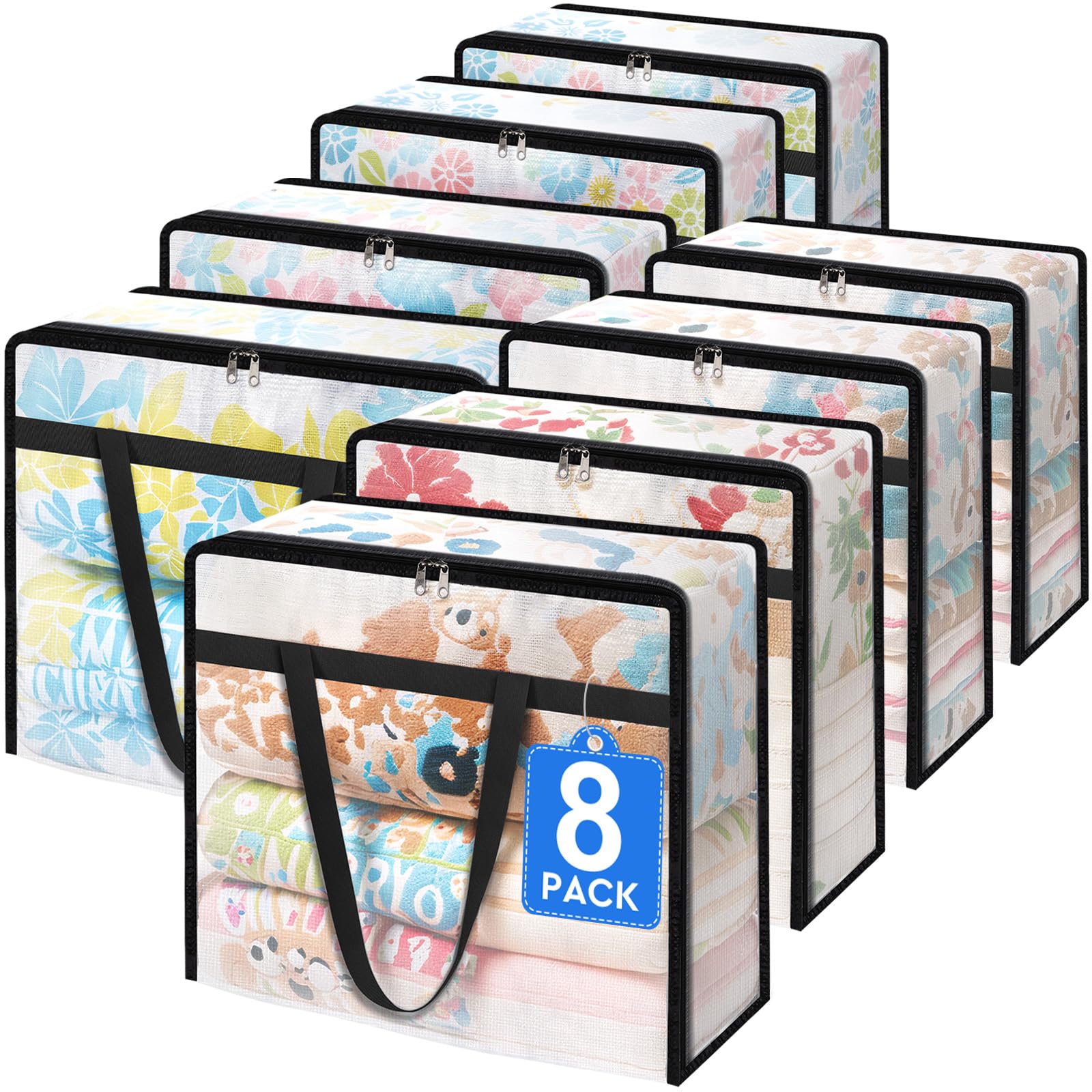 TasticTotes 8 Pack Clear Storage Bags for Comforter, Clothes & Bedding, Plastic Blanket Storage with Zipper and Handle, Moving B