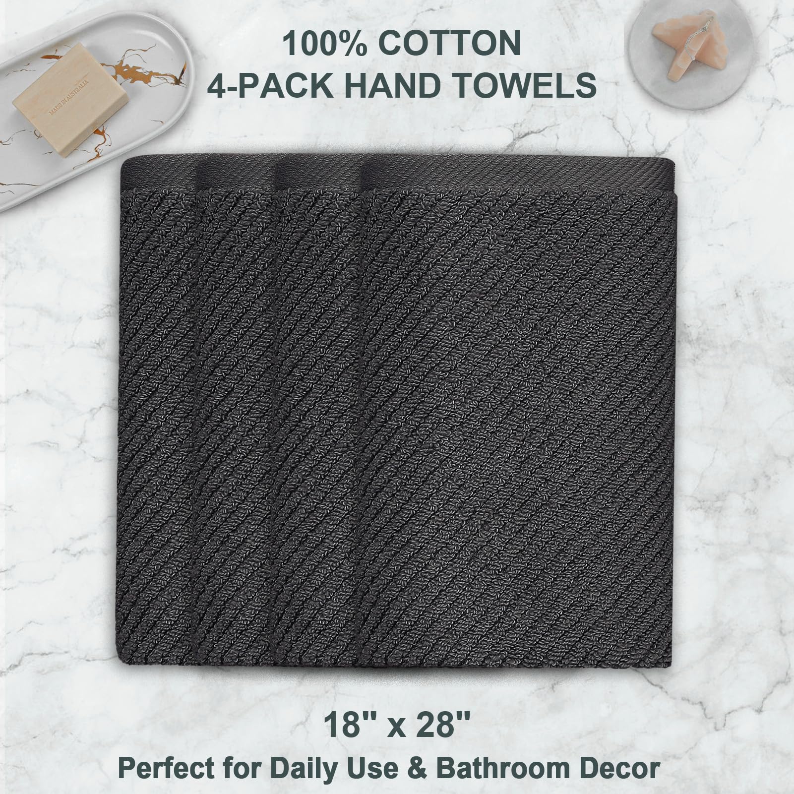 Voova & Movas Gray Hand Towels For Bathroom, Large 18'' X 28'' - 100% Cotton | Thick | Quick Dry | Lightweight | Absorbent | Sof