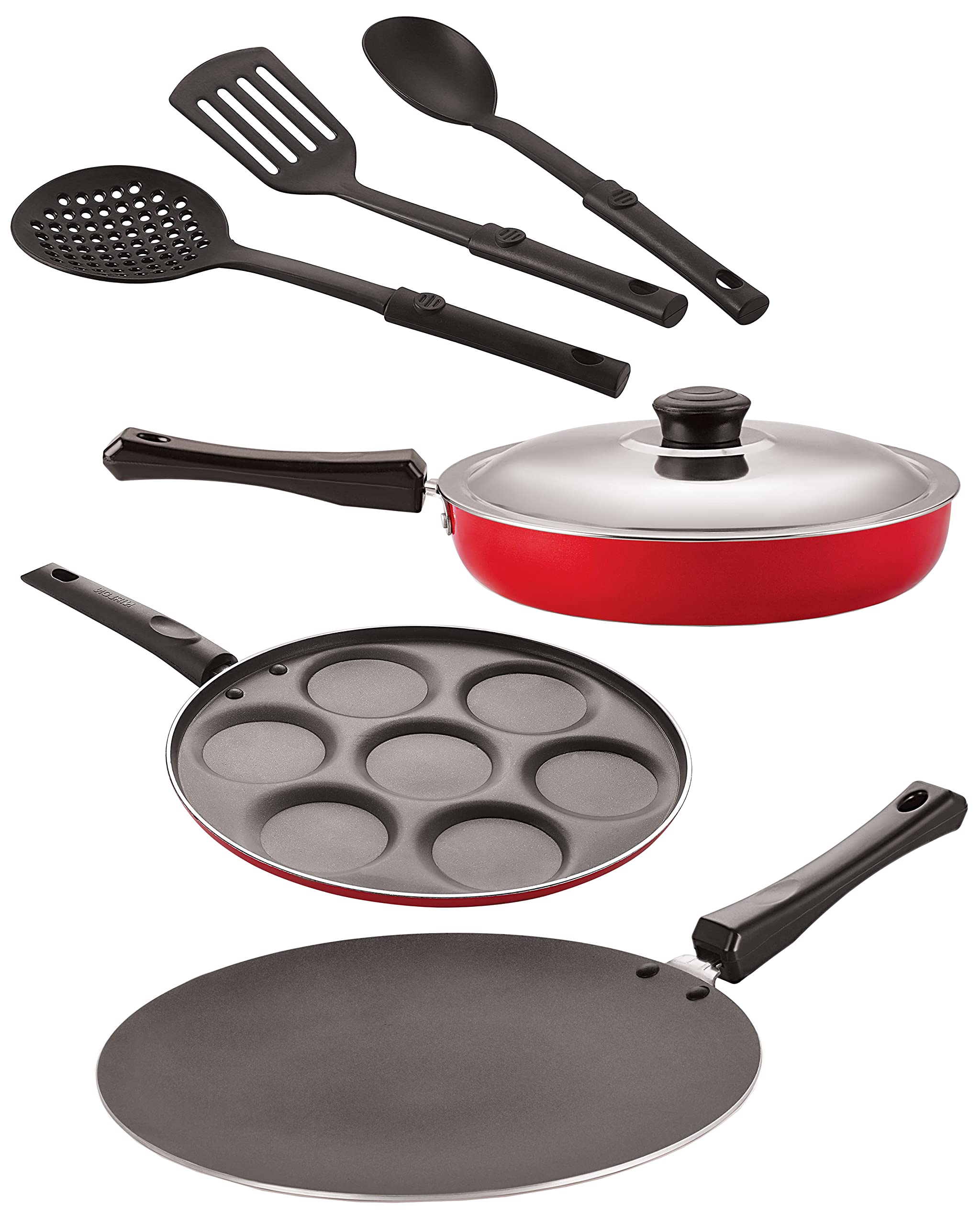 Nirlon Aluminium Nonstick Coated 6 Pcs Set Of Concave Tawa27.5Cm,Fry Pan22Cm,Uttapam7 Cavity,3 Spoon (2.6Mm_Ct11_Fp11_Up7_3Sp