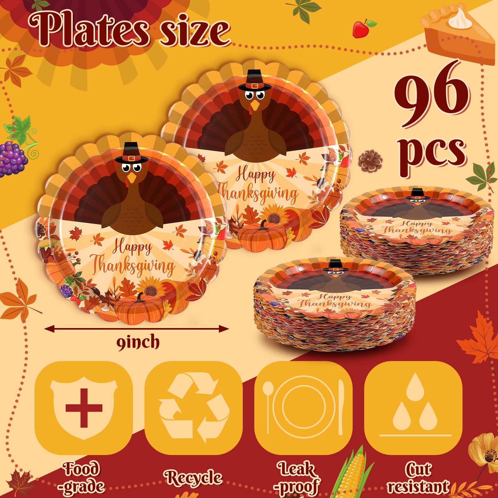 Fourluoo 96 Pcs Thanksgiving Turkey Paper Plates Disposable 9 Inch Turkey Plates for Thanksgiving Fall Party Birthday Party Deco