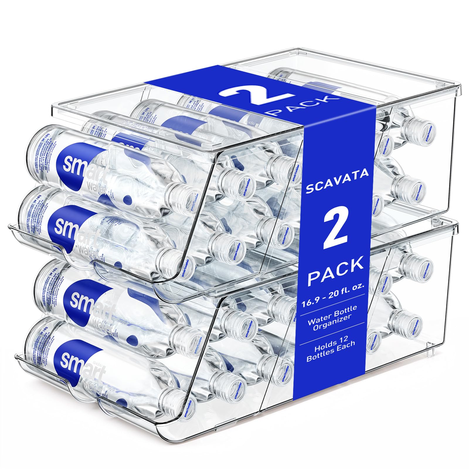 SCAVATA 2 Pack Water Bottle Organizer for Refrigerator, Stackable with Lid