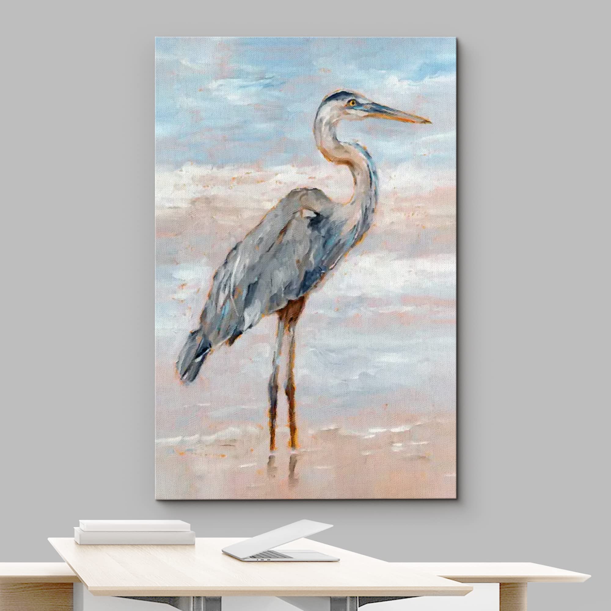 Wall26 Canvas Print Wall Art Pastel Sky Beach Shore Wave Crane Bird Nature Wilderness Illustrations Modern Art Decorative Multic