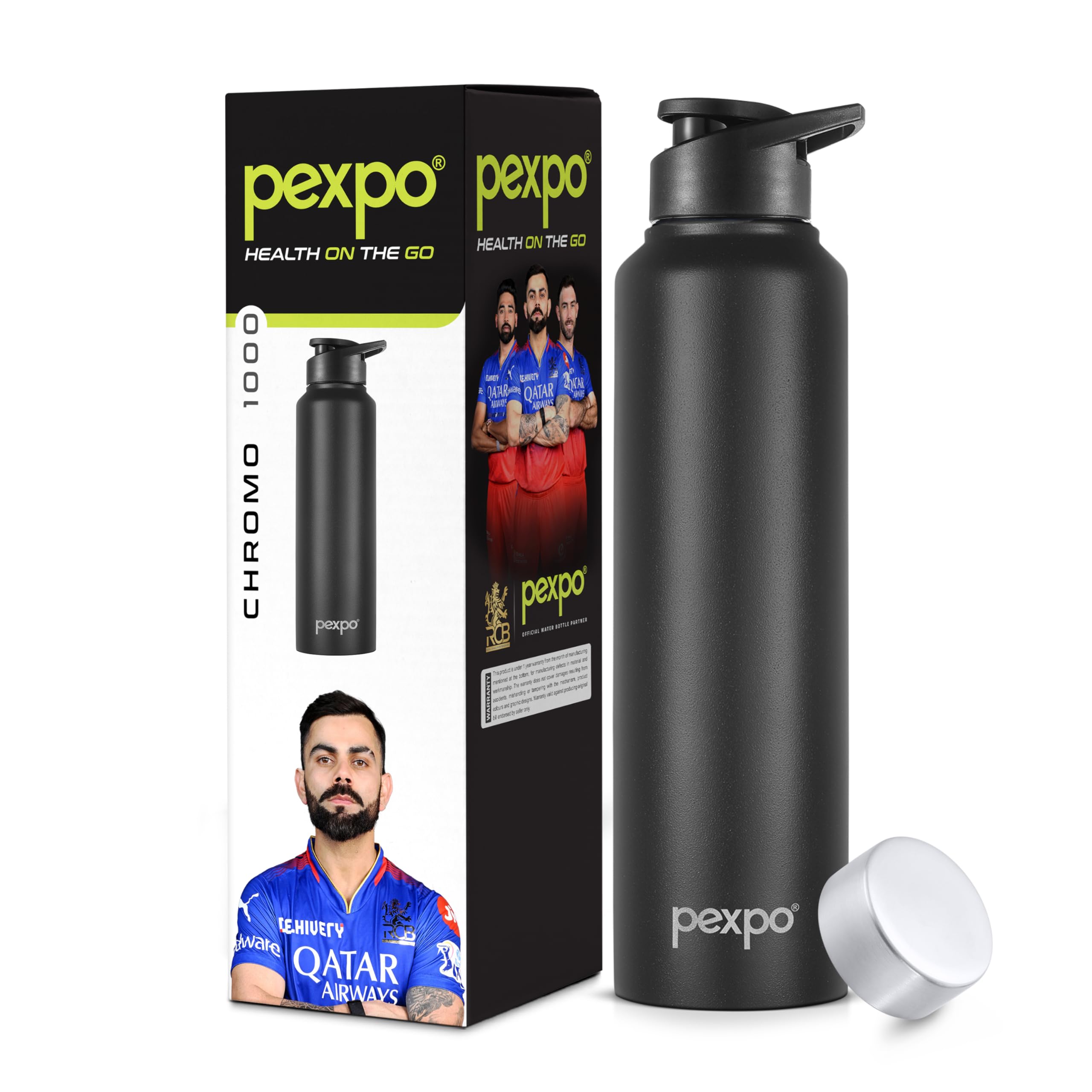Pexpo Chromo Pro Stainless Steel Sports/Fridge Water Bottle With Sipper & Steel Cap, 1 Litre, Knight Black | Bpa Free | Water Bo