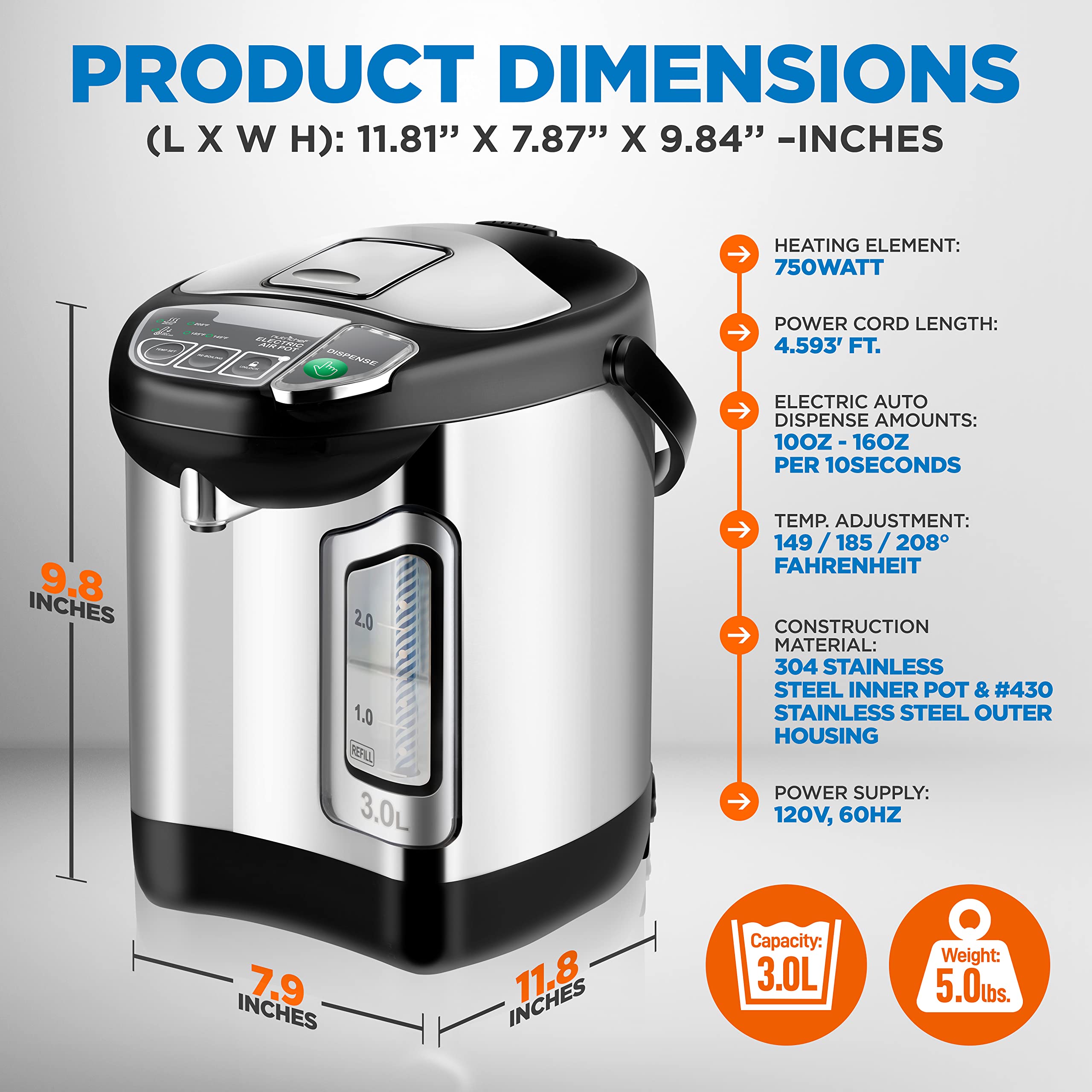 Nutrichefkitchen Electric Water Boiler And Warmer - 3L/3.17 Qt Stainless Steel Electric Hot Water Dispenser W/Rotating Base, Aut