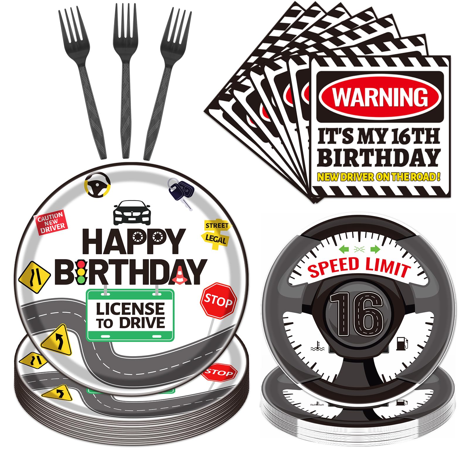 Yoyuspy Drivers License 16th Birthday Decorations for Boys - 96pcs Drivers License Paper Disposable Plates and Napkins Happy Bda