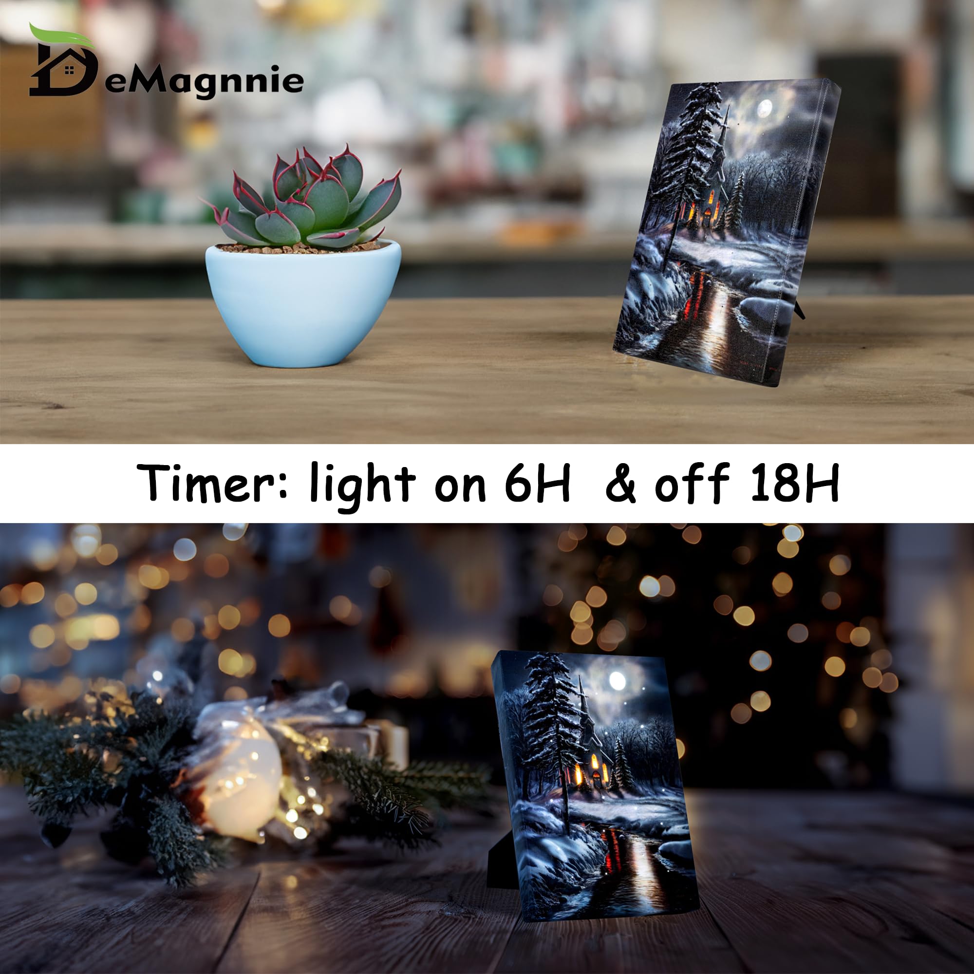 DEMAGNNIE LED Lighted Canvas Art - Winter Church Scene, 8L x 6W, Optic-fiber Lights, Tabletop Decor for Christmas