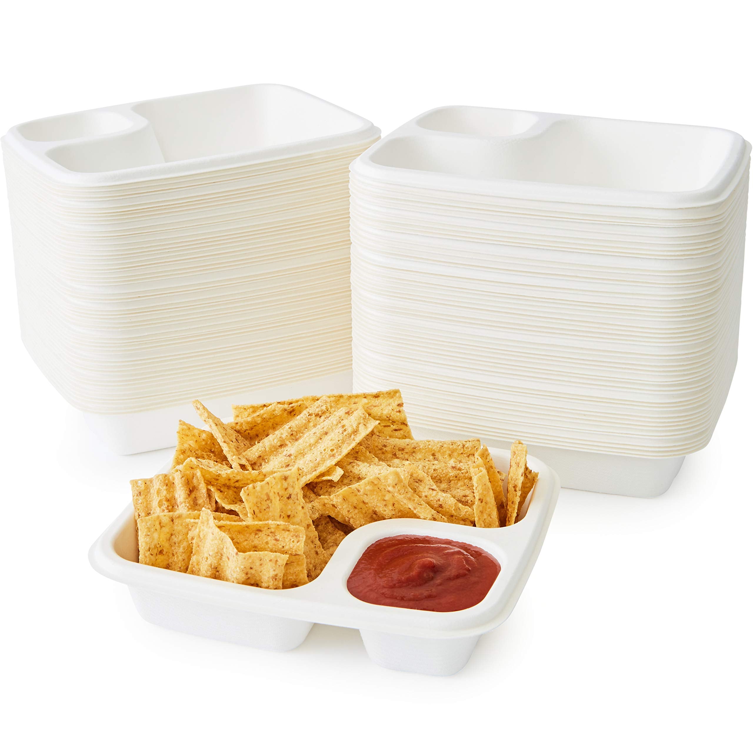 Leak-Free Compostable Bagasse Nacho Trays 100 Pk. Large 2 Compartment Microwave Safe Biodegradable Sugarcane Serving Platter. Du