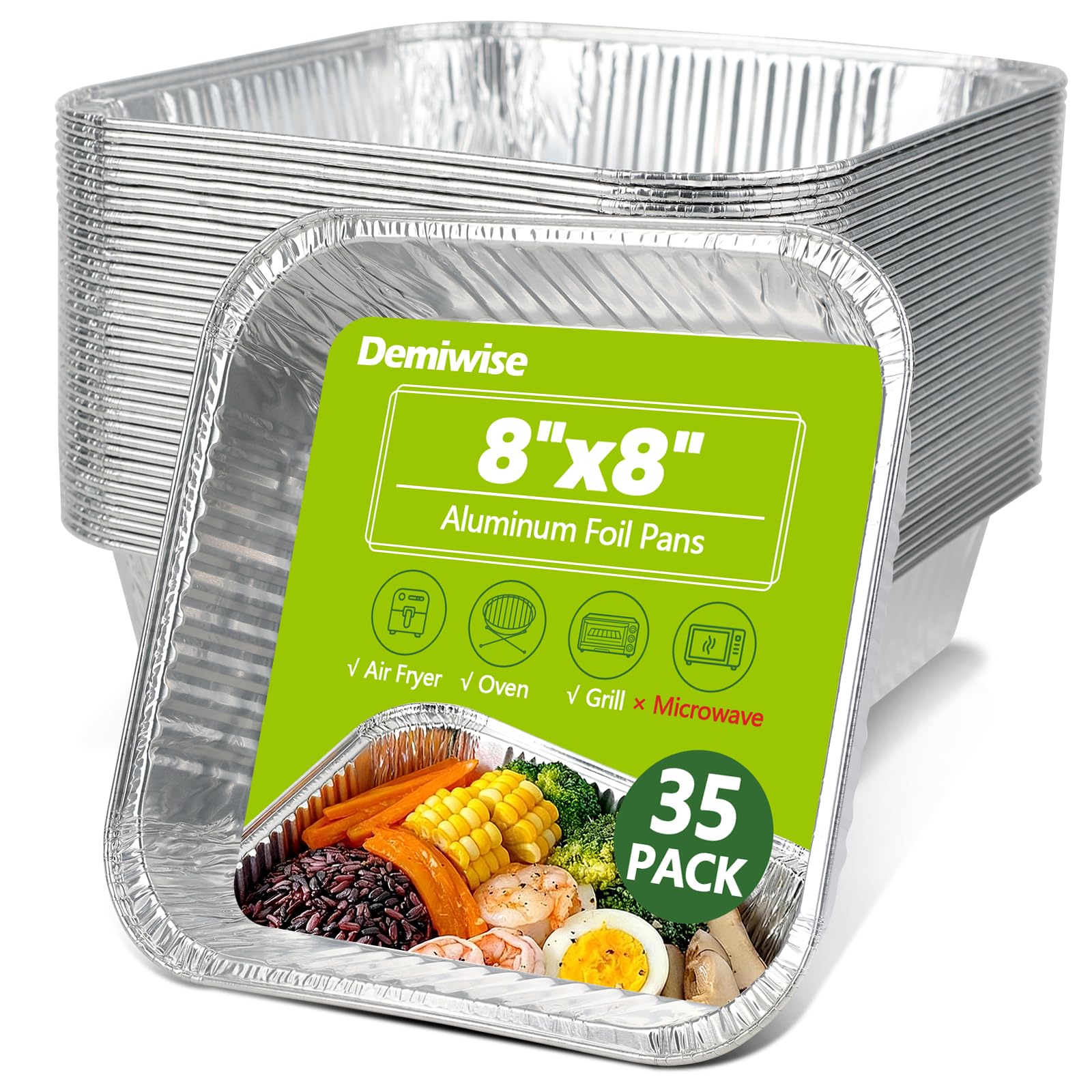 Demiwise Thickened 35 Pack Heavy Duty Aluminum Pans, 8x8 Small Disposable Aluminum Baking Pans, Square Tin Foil Roasting Tray fo