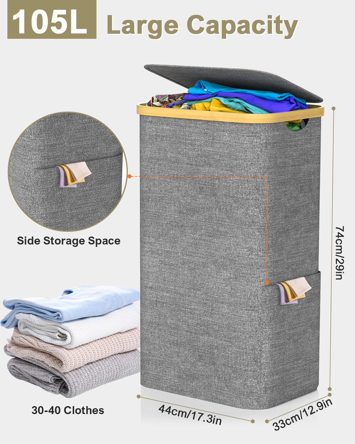 Glowpoint 105L Laundry Basket With Lid, Large Foldable Washing Basket With Removable Inner Bag, Water-Resistant Oxford Laundry H