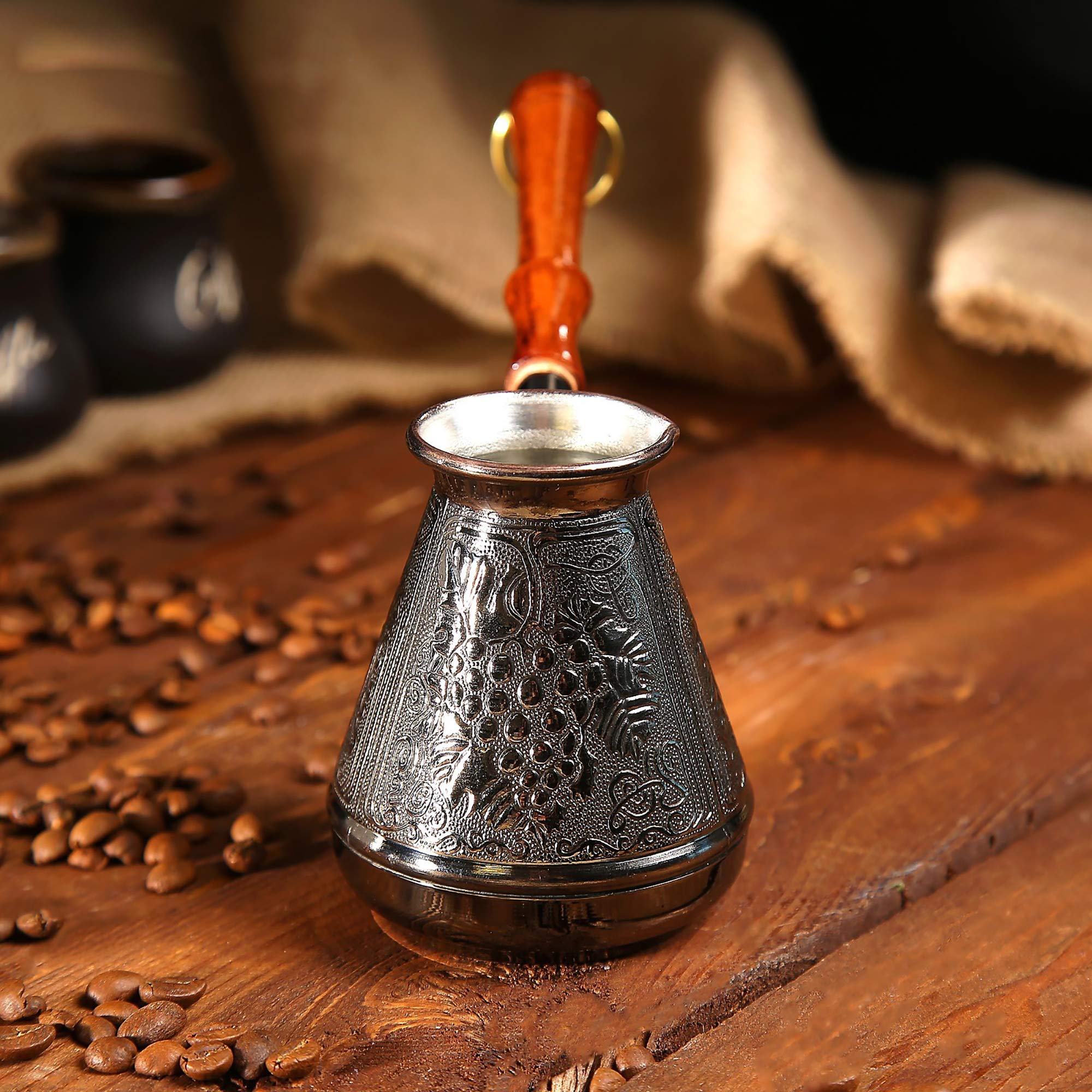 Aevvv Copper Turka Coffee Maker 10 Oz - Turkish Cezve Coffee Pot Copper 300 Ml - Grapes Ornament Engraved Coffee Ibrik - Mini Sa