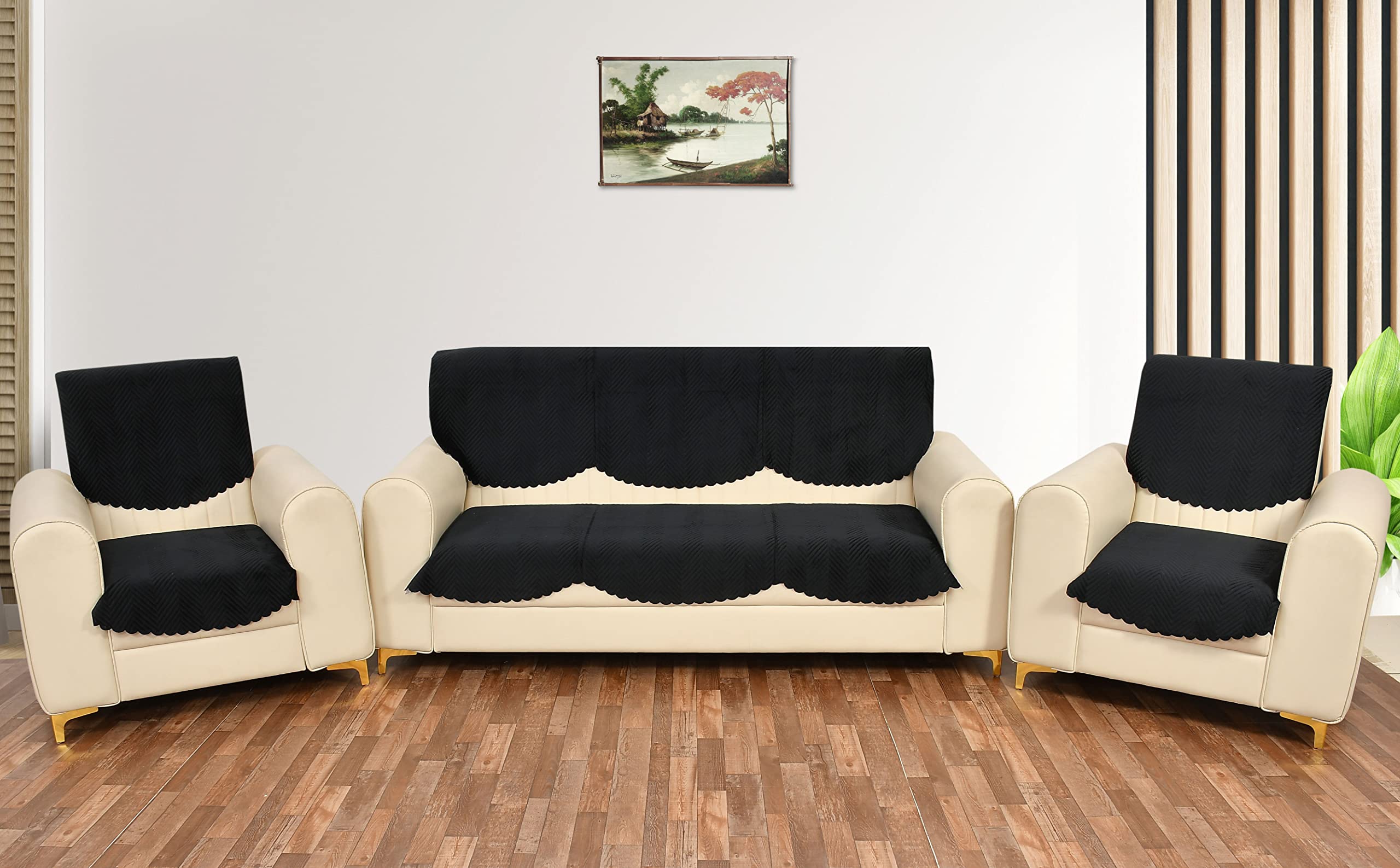 Yellow Weaves 5 Seater Quilted Sofa Cover And Chair Cover, Seat & Back Cover, Color - Black - Velvet