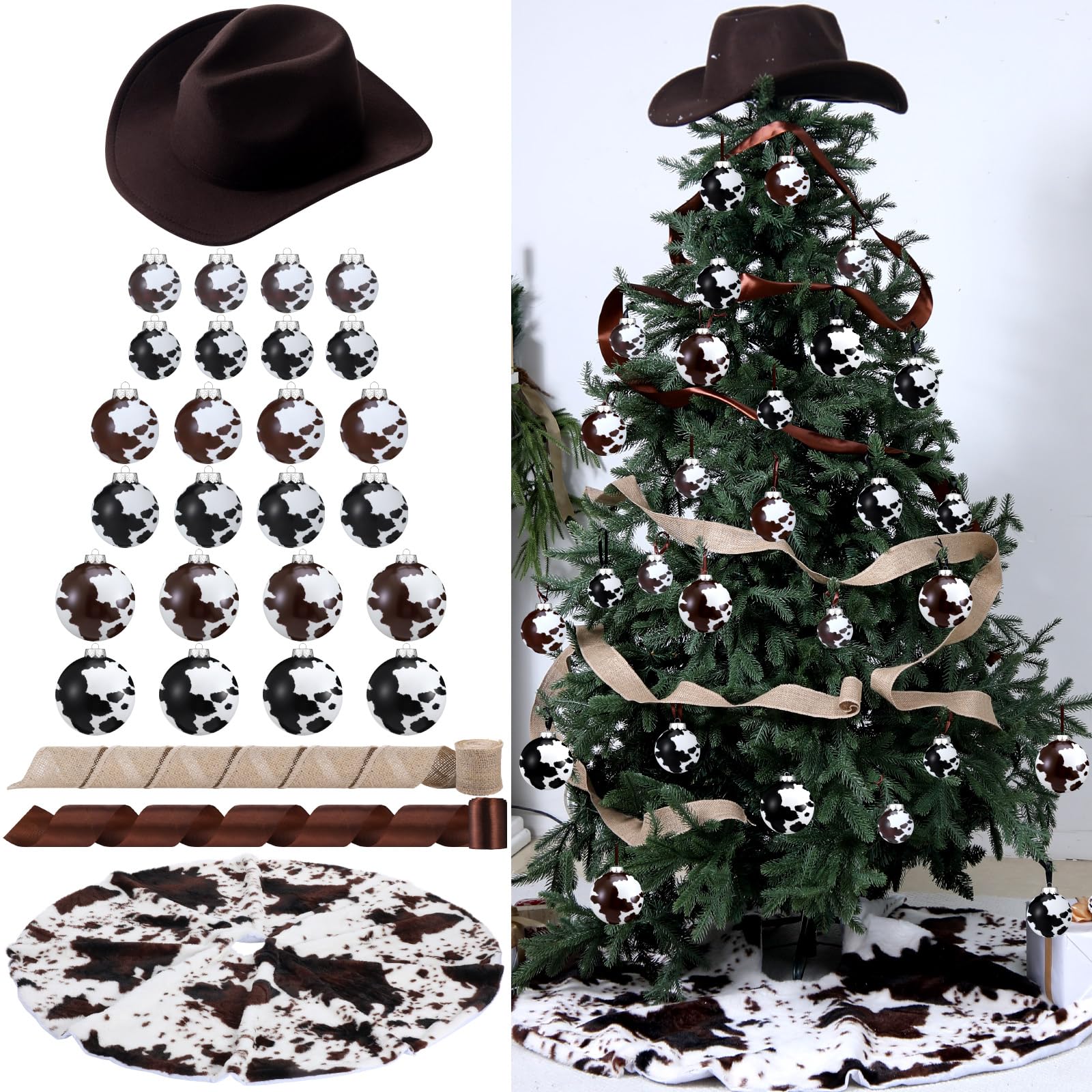 Sosation 29 Pcs Western Cowboy Christmas Tree Decor Set, Including 24 Pcs Cowhide Printed Christmas Balls, 1 Rustic Cowboy Hat, 