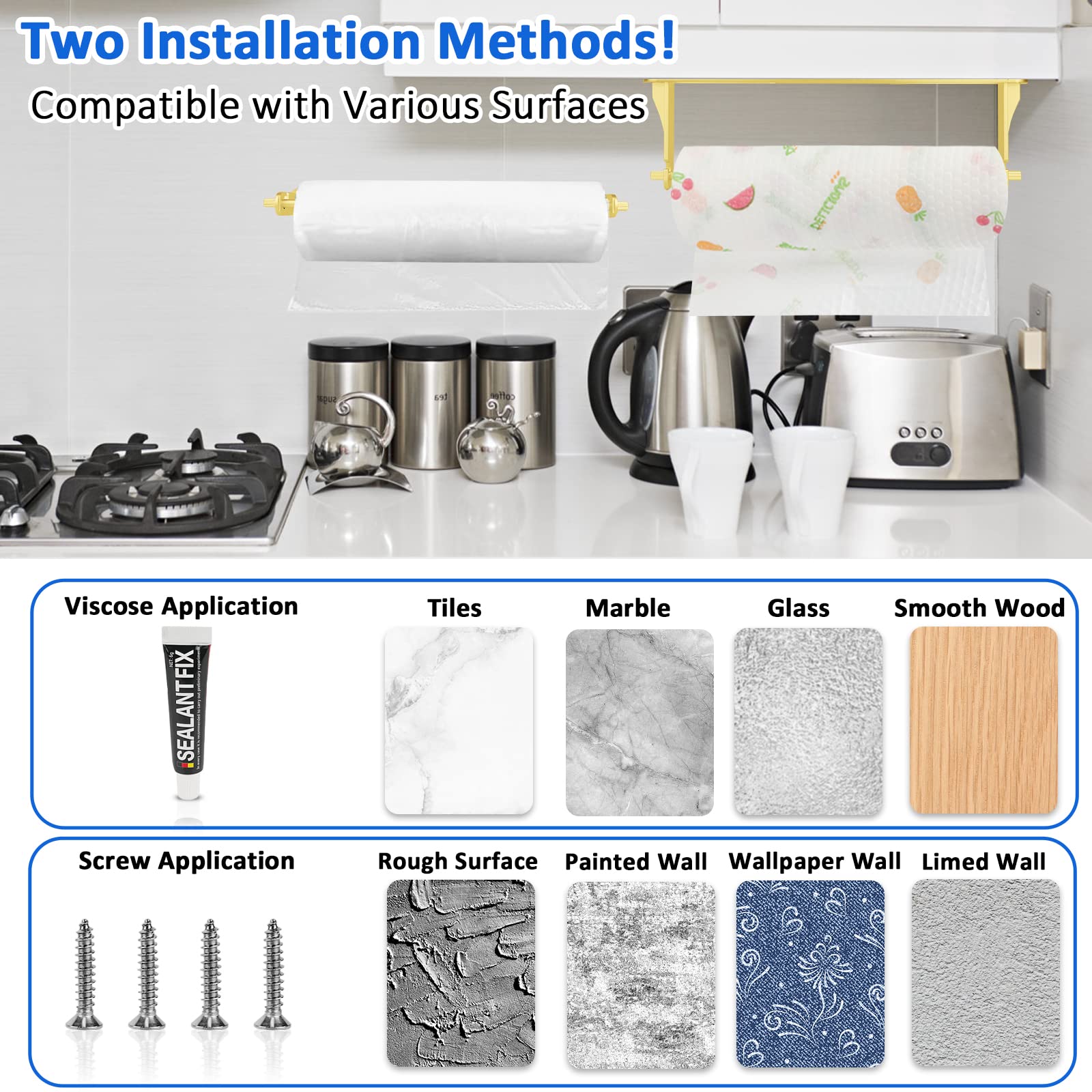 Paper Towel Holder Under Cabinet, Ayybboo Wall Mount Paper Towel Holder, For Kitchen Or Bathroom Self-Adhesive Or Drill Mounting