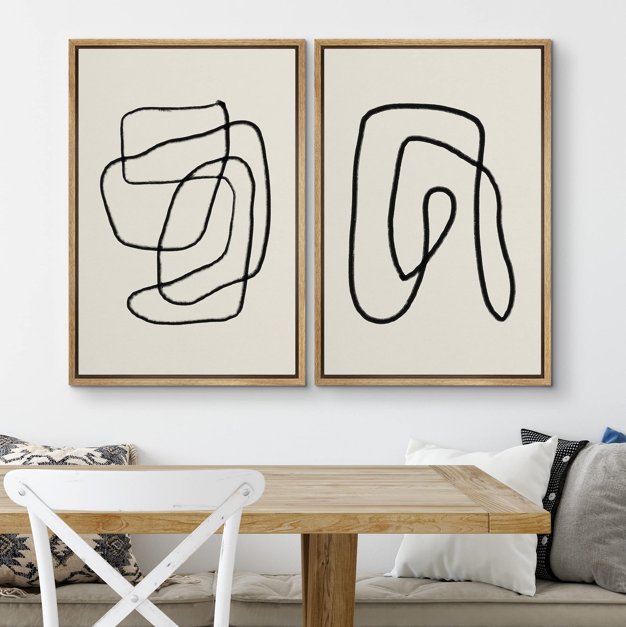 SIGNWIN Framed Wall Art Print Set Black Lines Over Tan Plain Background Abstract Swirly Cozy Neutral Modern Art Mid-Century Modern Expressive for Living Room  Bedroom  Office - 16''x24''x2 Panels