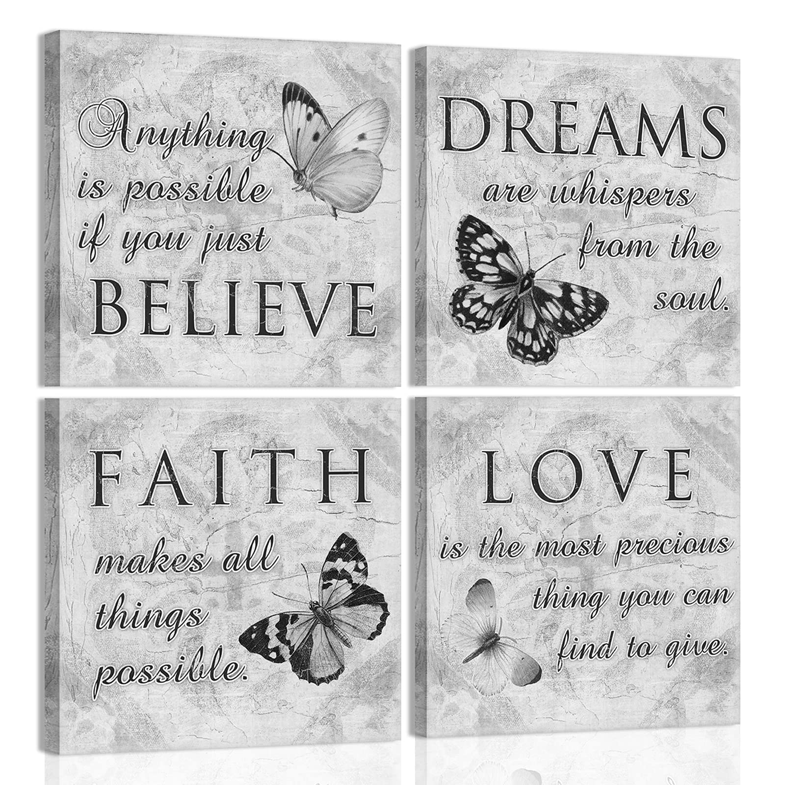 Inspirational Butterfly Wall Art - 4 Panels Grey Canvas Print - Faith Love Dreams Believe Calligraphy Canvas Wall Decor - Motiva