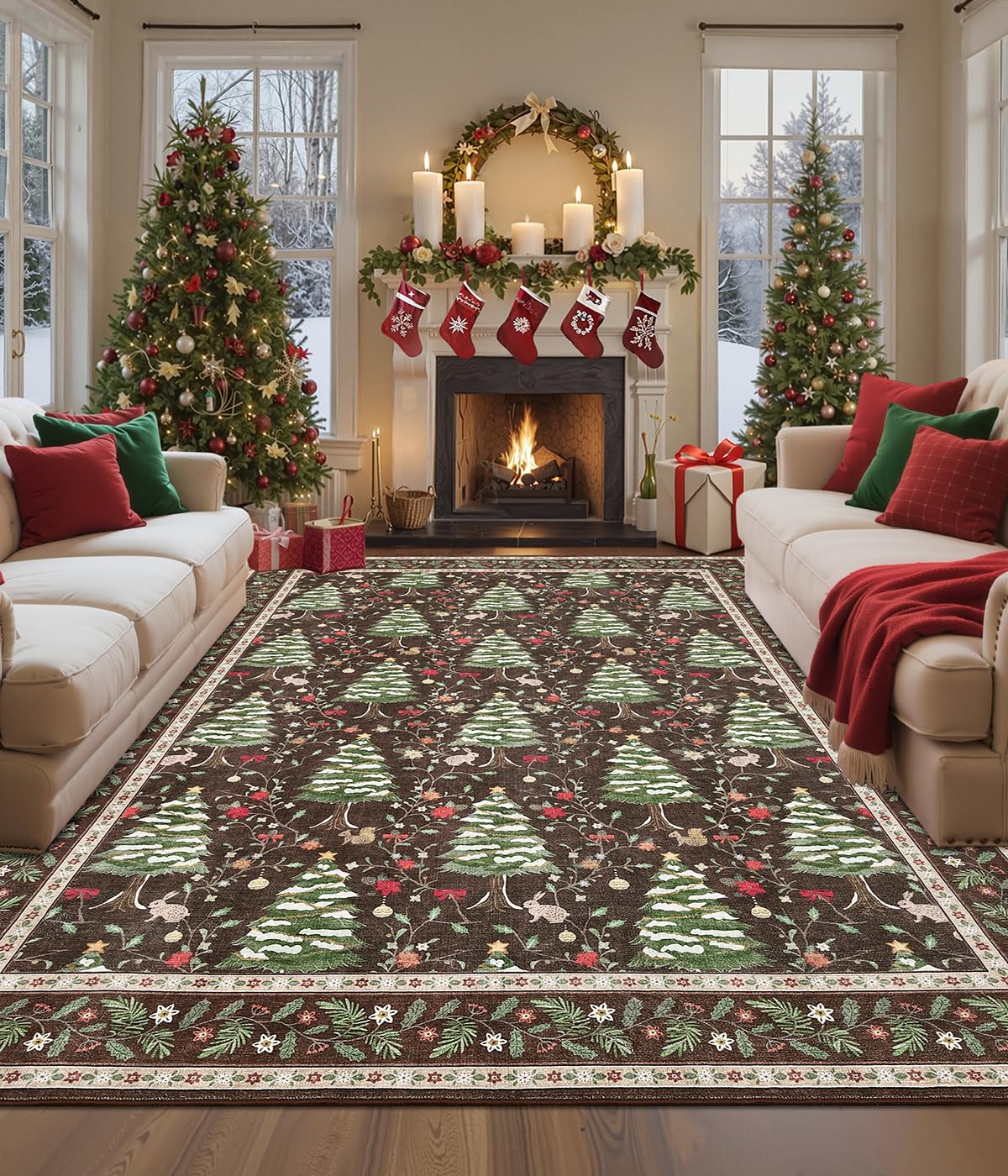 GarveeHome Christmas Area Rug 8x10 Washable Soft Stain Resistant for Living Room Bedroom Nursery Office Christmas Tree Animals P