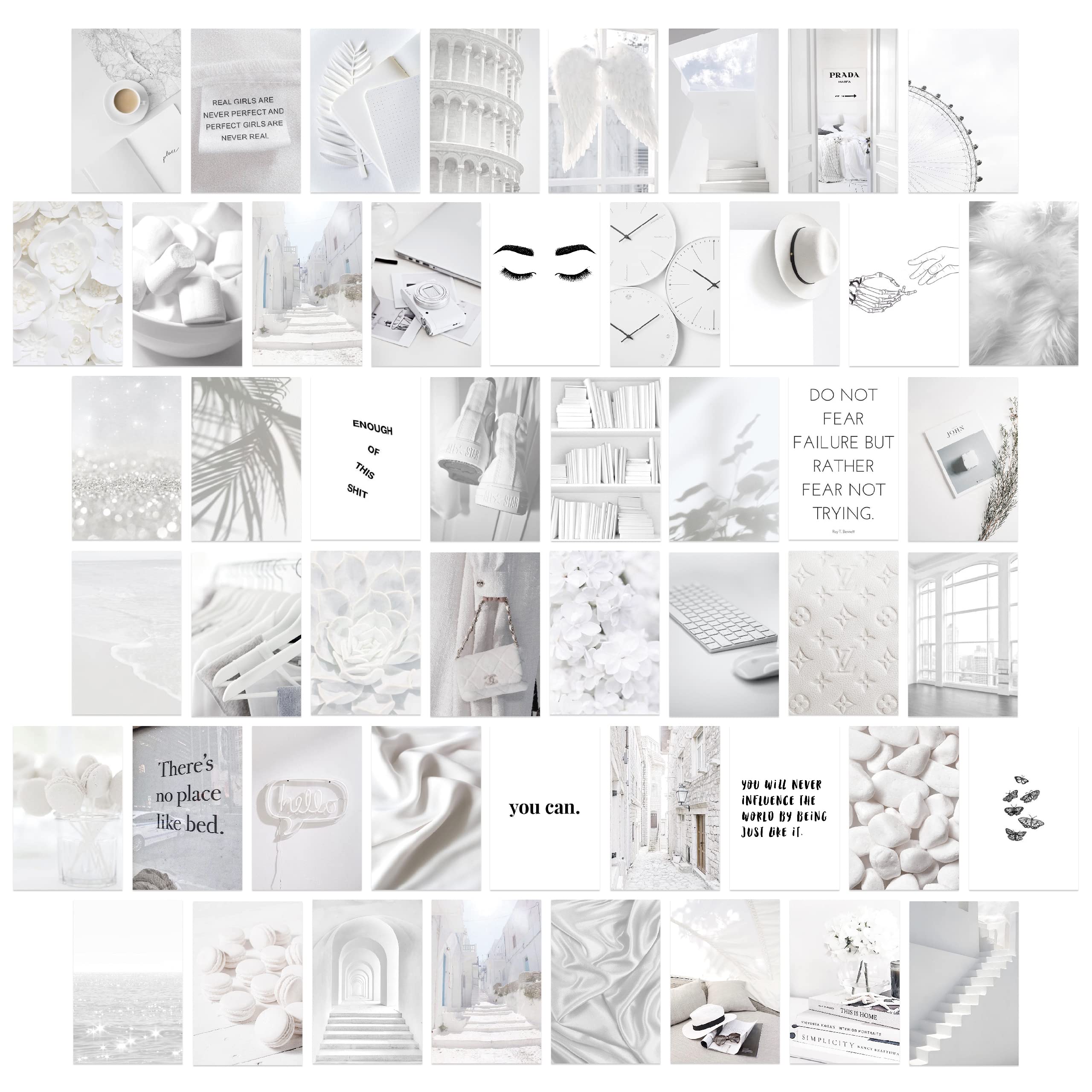 White Photo Collage Kit For Wall Aesthetic | Minimalist White And Grey Wall Posters For Teen Girl Dorm Room Decor | 50 Set 4X6 I