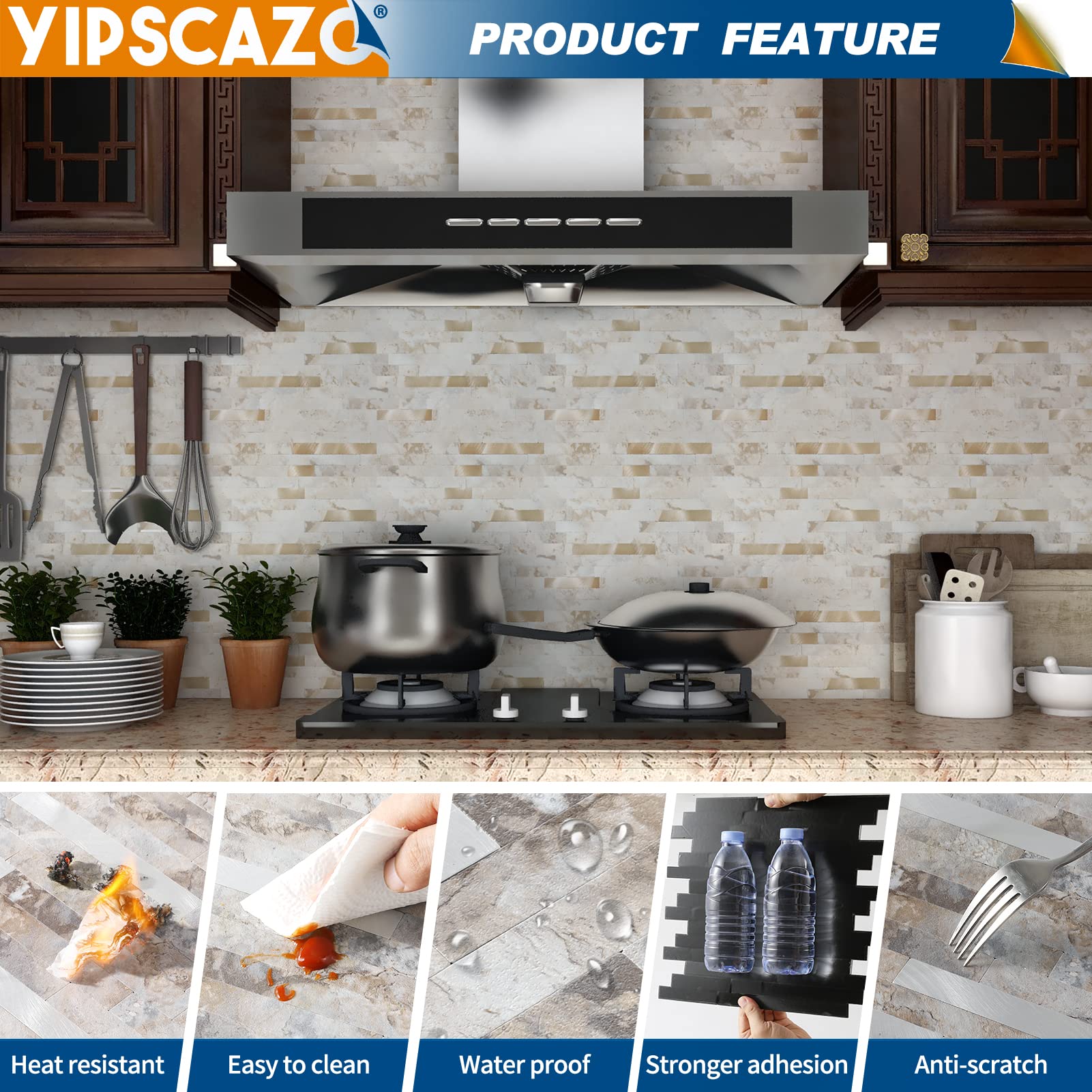 Yipscazo 10 Sheets Peel and Stick Stone Metal Tile Backsplash, Stick on Tiles for Backsplash Kitchen, Bathroom, Laundry Room, Ca