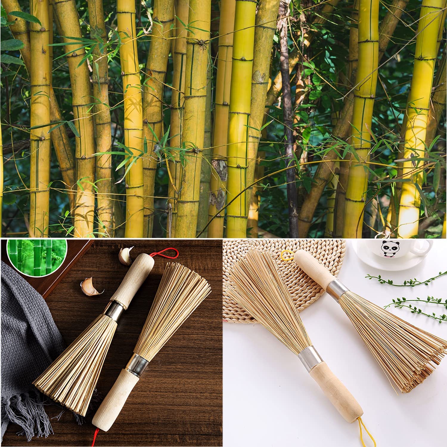 2Pack Traditional Natural Bamboo Wok Brushes , Kitchen Cleaning Brush, Bamboo Kitchen Pan Brush, For Cleaning Dishes, Cast Iron