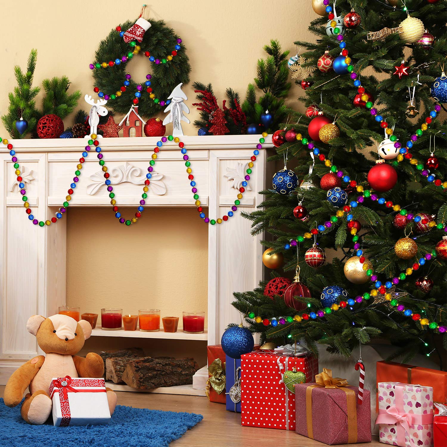 WILLBOND 20 Feet Christmas Multi-Color Beaded Garland Glitter Colorful Tree Beads Garland Ribbon Faux Pearl for Christmas Tree H