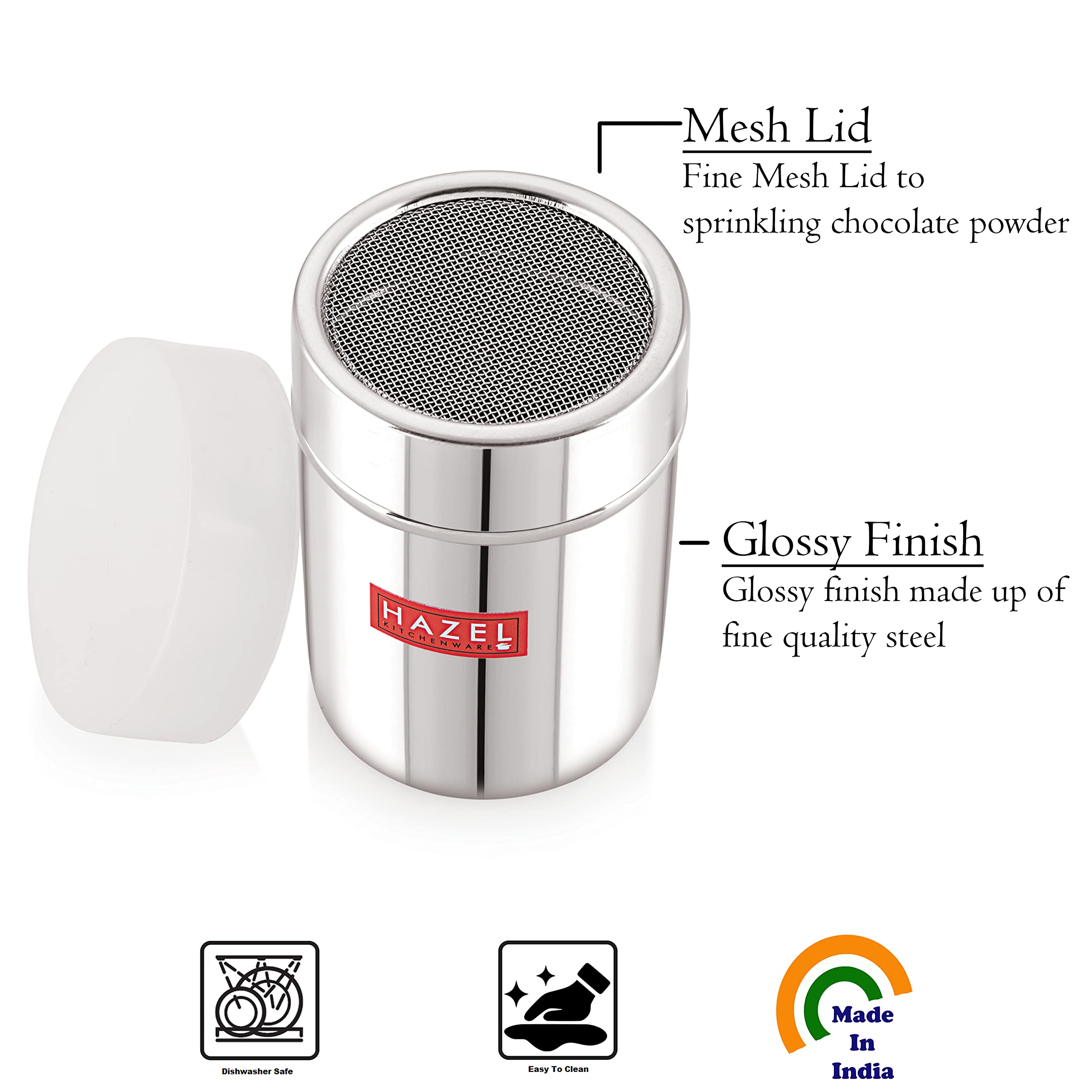 HAZEL Stainless Steel Powder Shaker with Lid, 10.4 oz Sifter for Cocoa, Coffee, Spices - Silver, Model VR11312