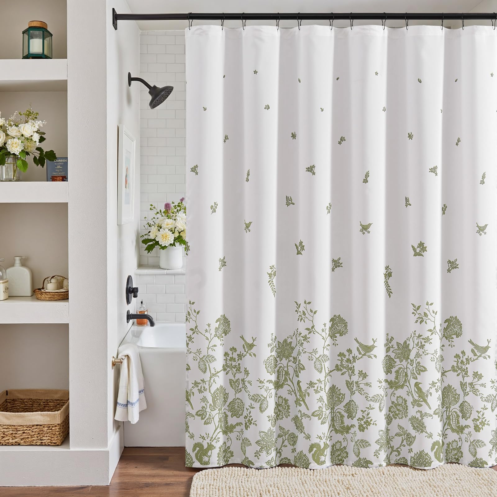 jinchan Floral Bird Shower Curtain Green and White Flower Waterproof Washable Fabric Shower Curtains for Bathroom Farmhouse Spri