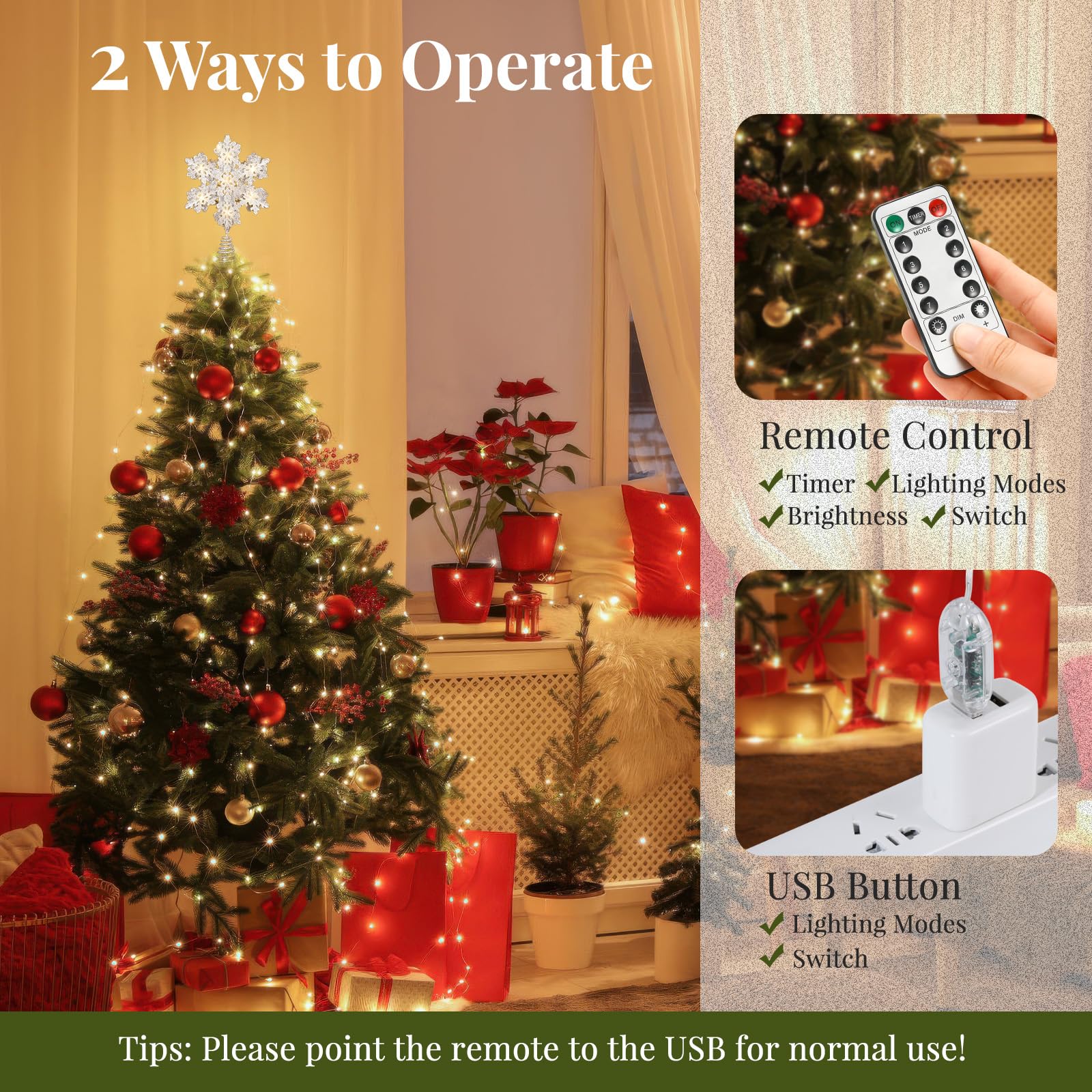 Lewondr Christmas Snowflake Tree Topper, 3D Snowflake Treetop USB & Remote Control, 13'' Xmas Tree Topper with LED Light Beads,